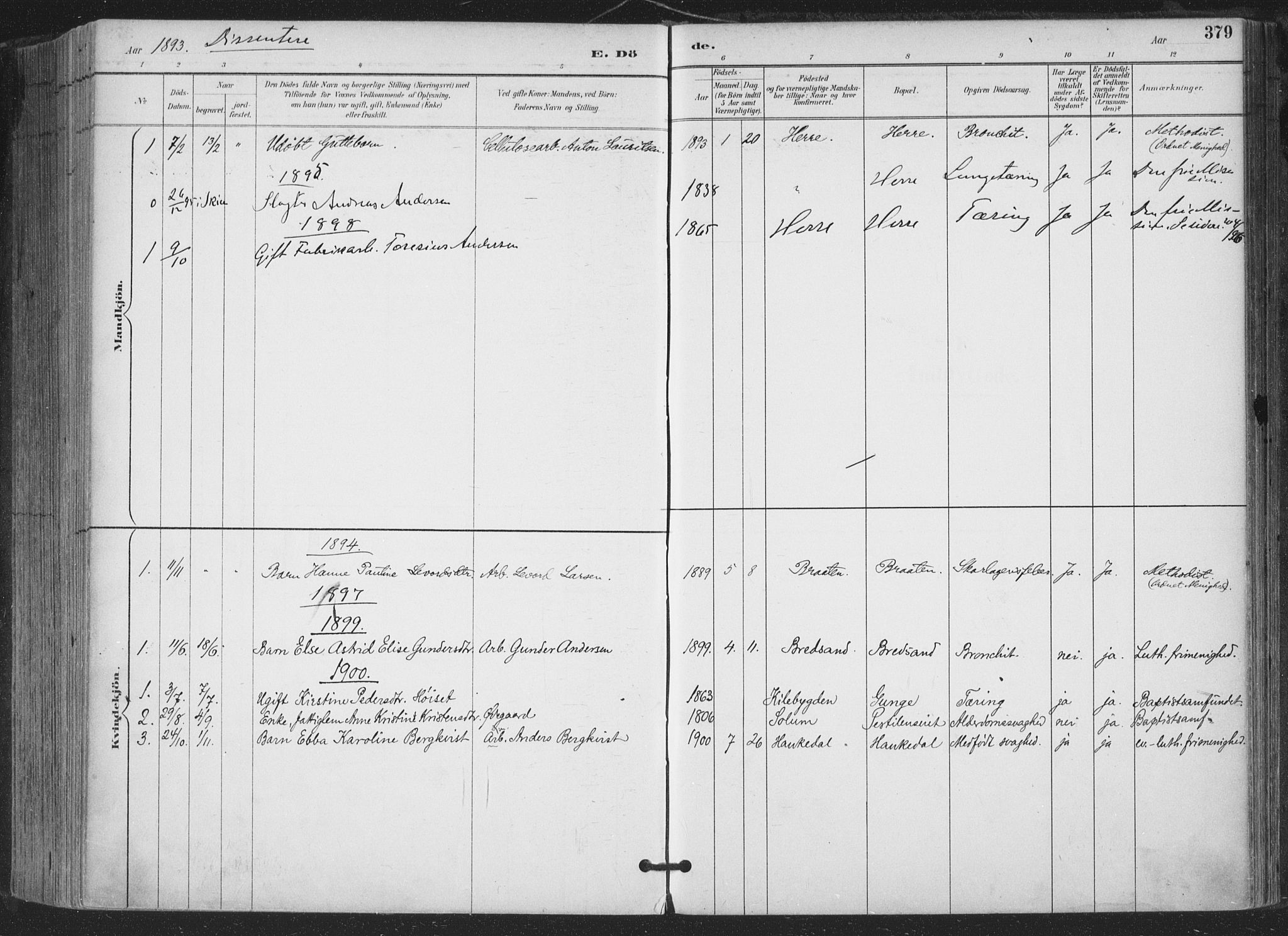 Bamble kirkebøker, AV/SAKO-A-253/F/Fa/L0008: Parish register (official) no. I 8, 1888-1900, p. 379