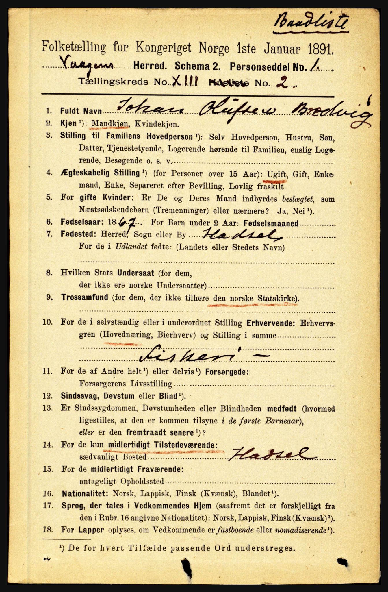 RA, 1891 census for 1865 Vågan, 1891, p. 3609