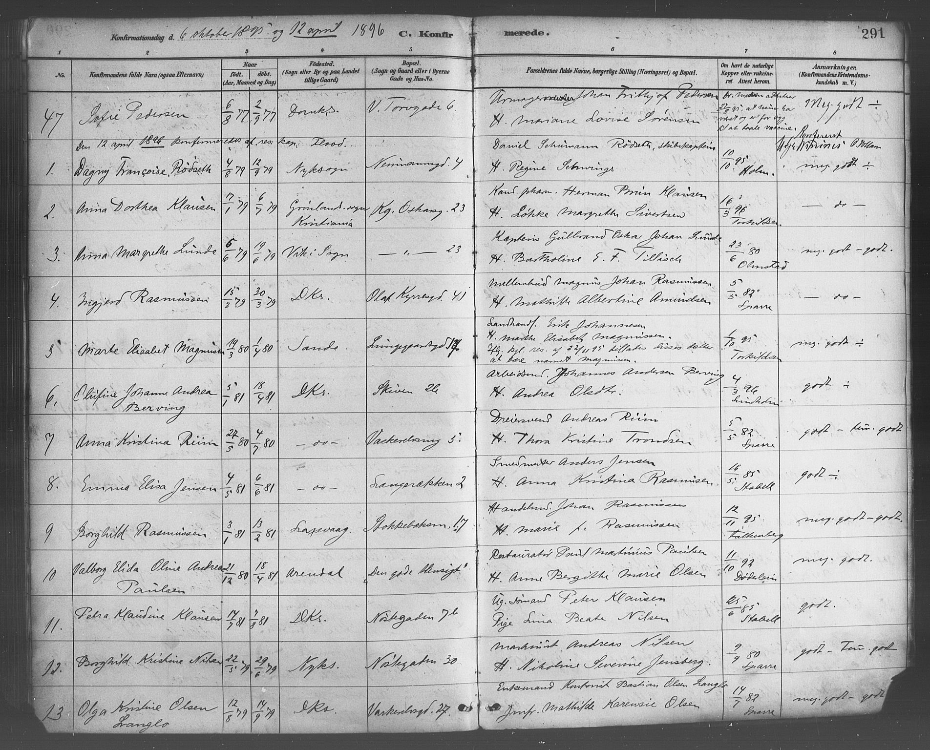 Domkirken sokneprestembete, SAB/A-74801/H/Haa/L0030: Parish register (official) no. C 5, 1880-1898, p. 291