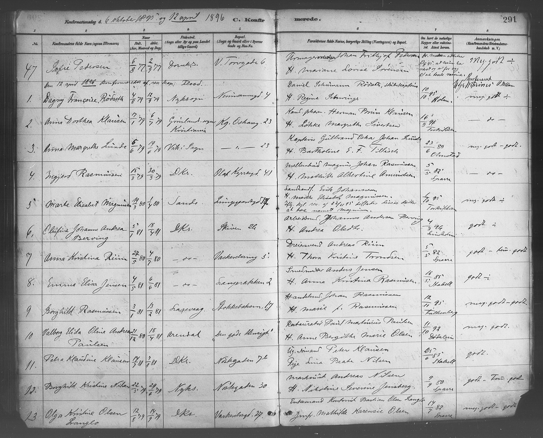 Domkirken sokneprestembete, AV/SAB-A-74801/H/Haa/L0030: Parish register (official) no. C 5, 1880-1898, p. 291