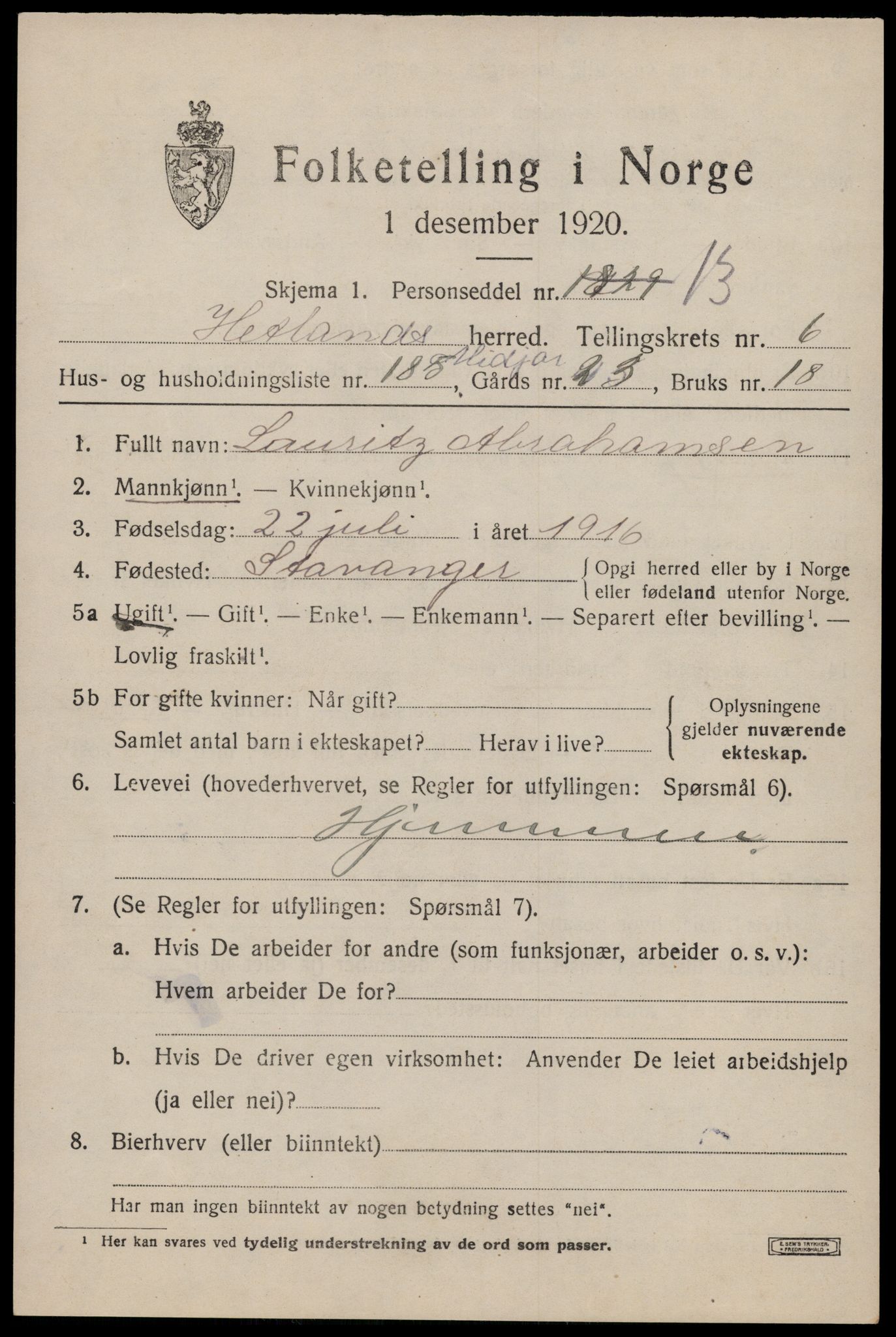 SAST, 1920 census for Hetland, 1920, p. 13121