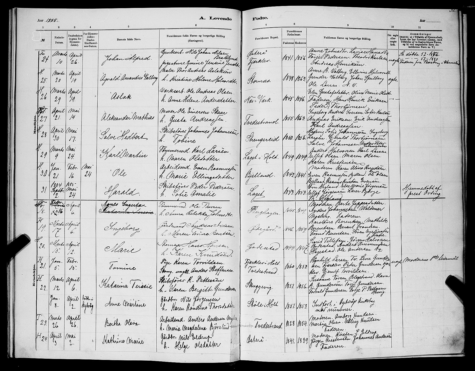 Holt sokneprestkontor, AV/SAK-1111-0021/F/Fb/L0010: Parish register (copy) no. B 10, 1883-1896, p. 32