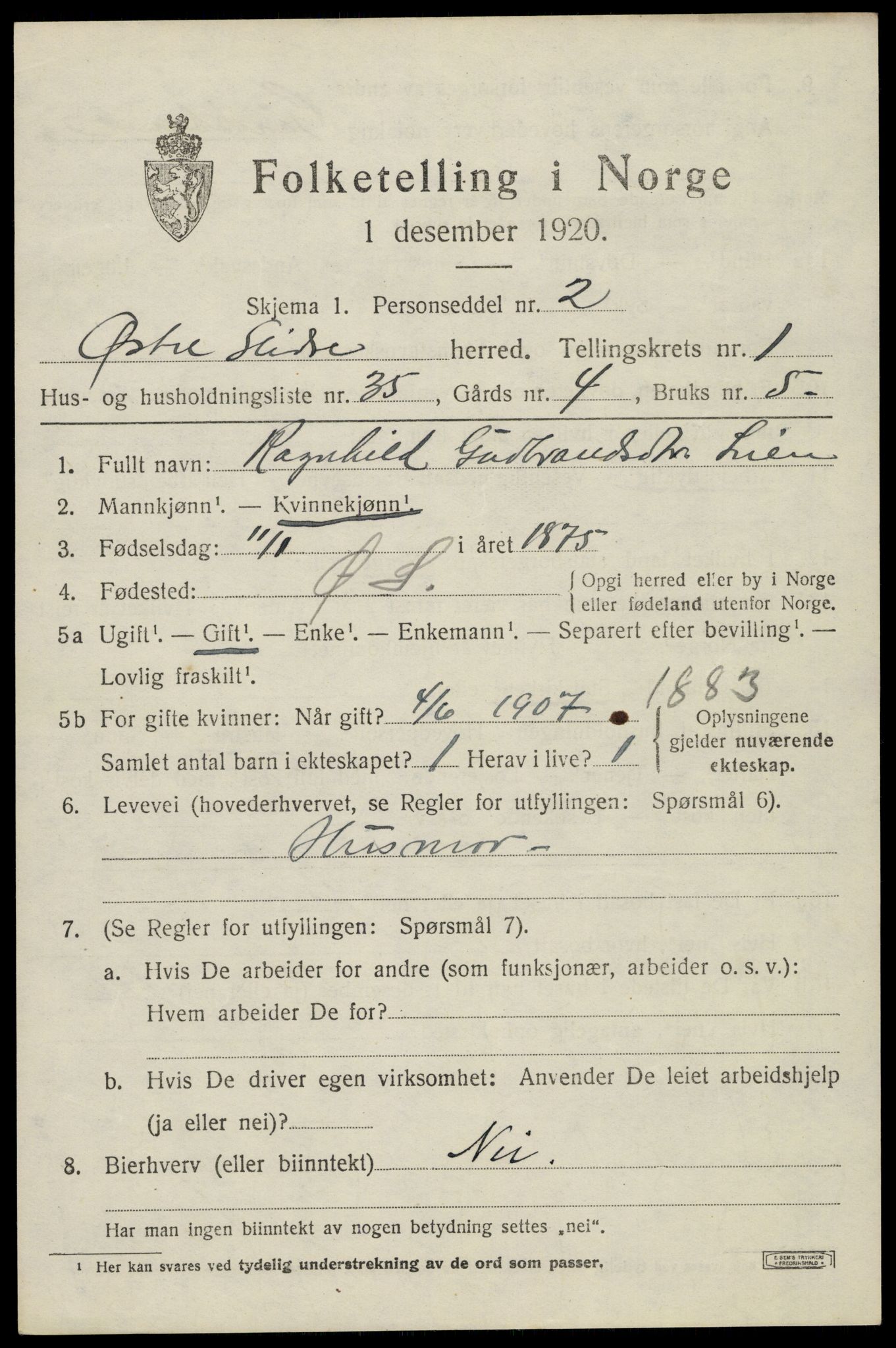 SAH, 1920 census for Øystre Slidre, 1920, p. 1419