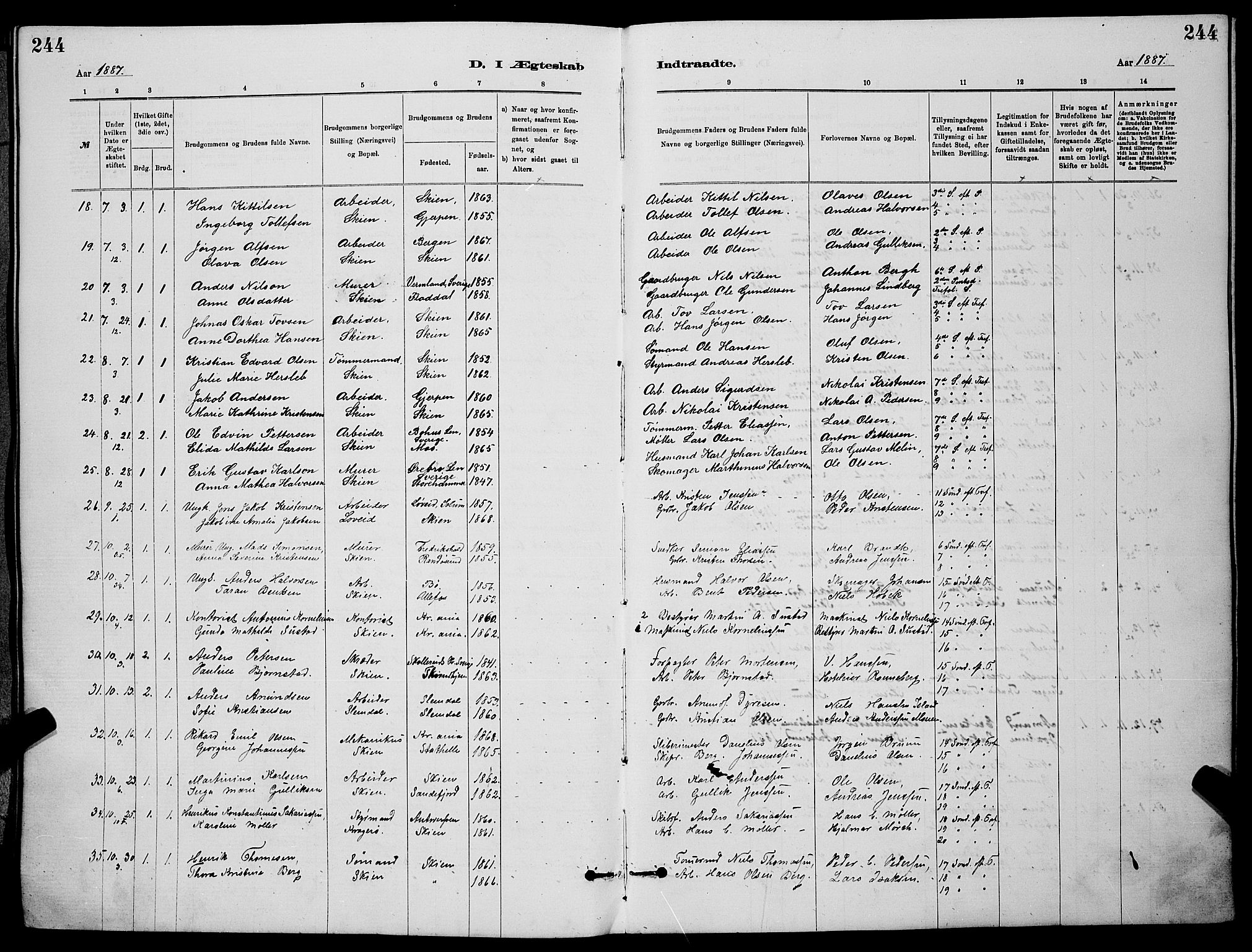 Skien kirkebøker, AV/SAKO-A-302/G/Ga/L0006: Parish register (copy) no. 6, 1881-1890, p. 244