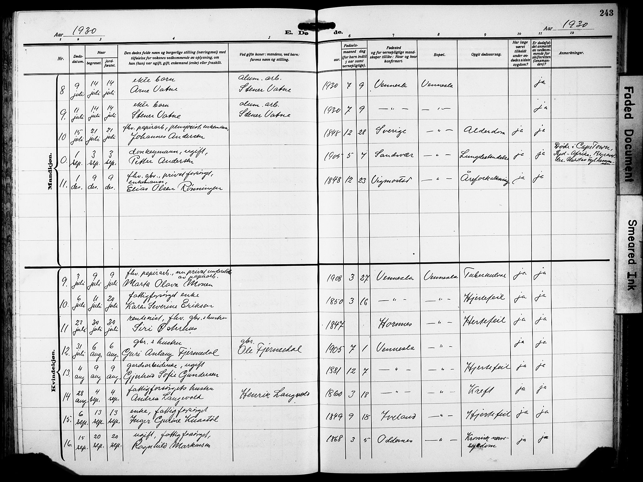 Vennesla sokneprestkontor, AV/SAK-1111-0045/Fb/Fbb/L0007: Parish register (copy) no. B 7, 1922-1933, p. 243