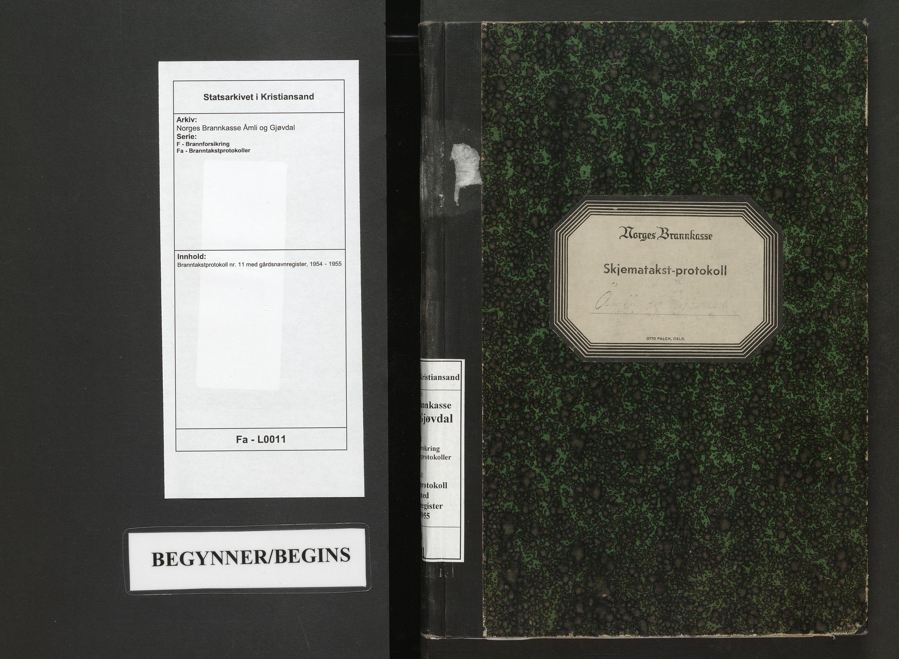 Norges Brannkasse Åmli og Gjøvdal, AV/SAK-2241-0061/F/Fa/L0011: Branntakstprotokoll nr. 11 med gårdsnavnregister, 1954-1955