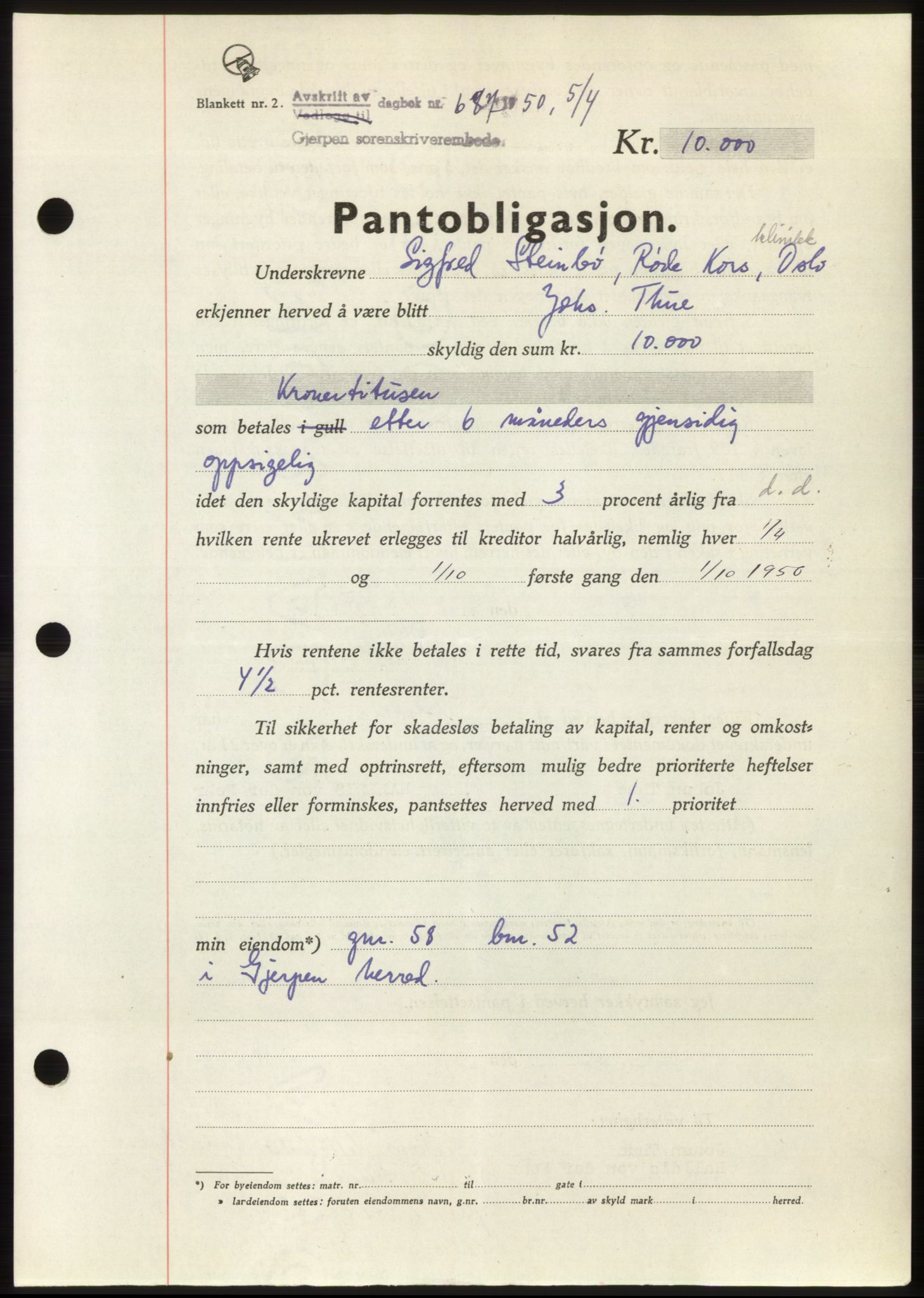 Gjerpen sorenskriveri, AV/SAKO-A-216/G/Ga/Gaf/L0009: Mortgage book no. B-84 - B-85, 1950-1950, Diary no: : 687/1950
