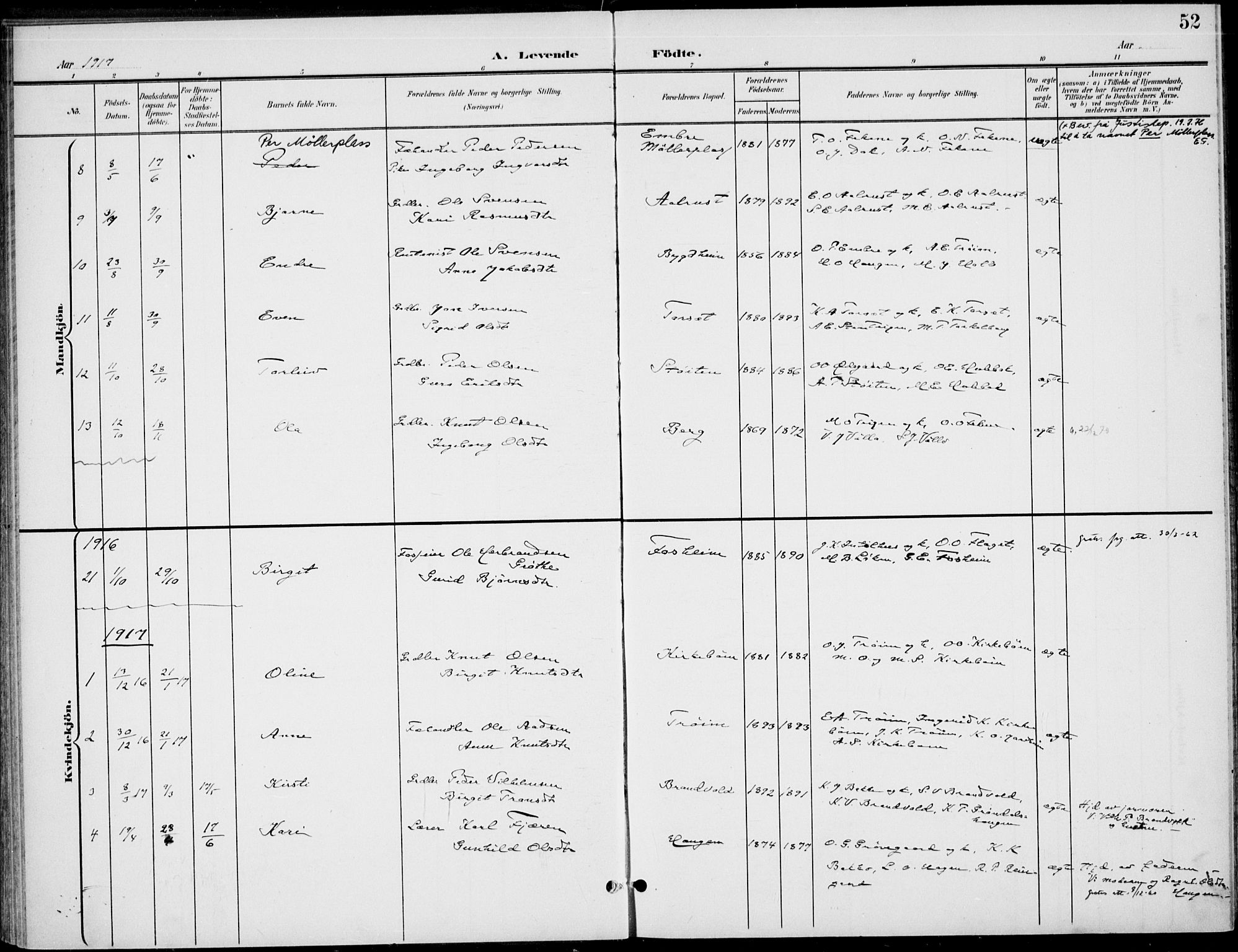 Gol kirkebøker, AV/SAKO-A-226/F/Fb/L0002: Parish register (official) no. II 2, 1900-1921, p. 52