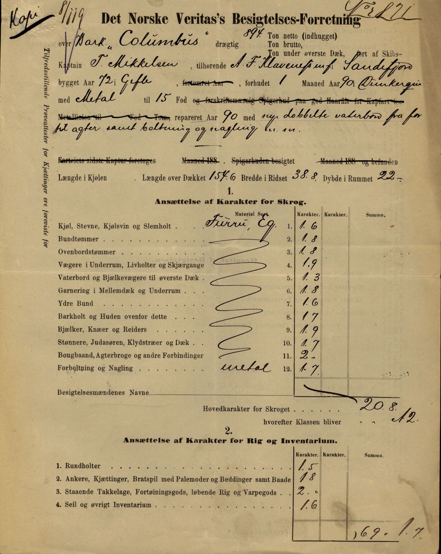 Pa 63 - Østlandske skibsassuranceforening, VEMU/A-1079/G/Ga/L0029/0002: Havaridokumenter / Johanne, Ocean, Capella, Columbus, Castro, 1892, p. 30