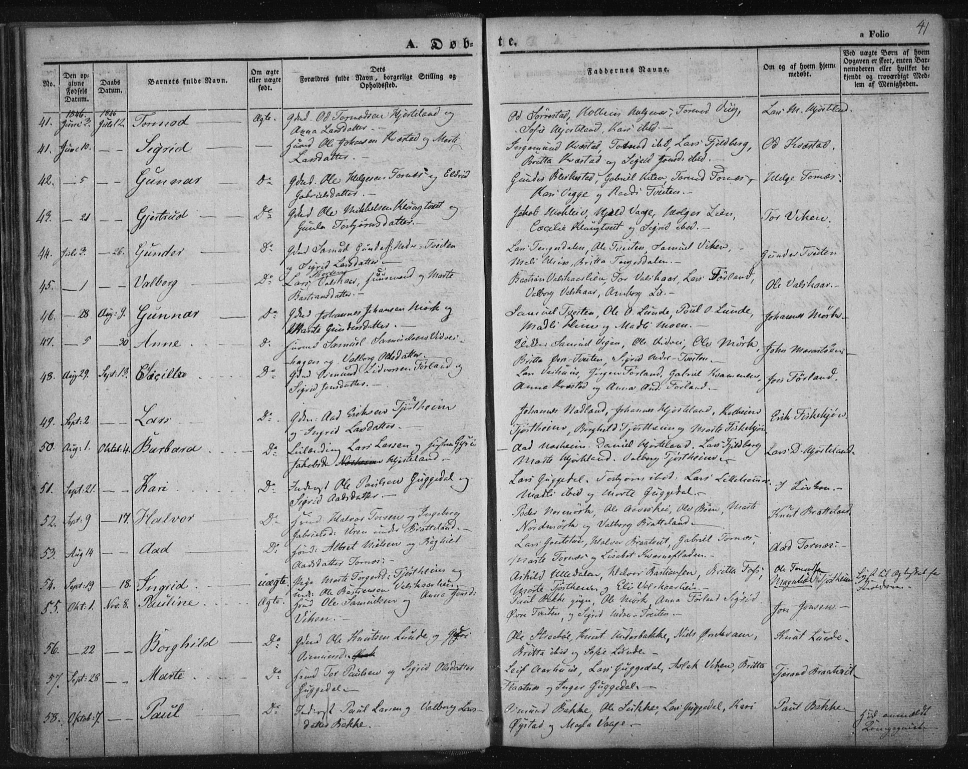 Suldal sokneprestkontor, SAST/A-101845/01/IV/L0008: Parish register (official) no. A 8, 1836-1853, p. 41