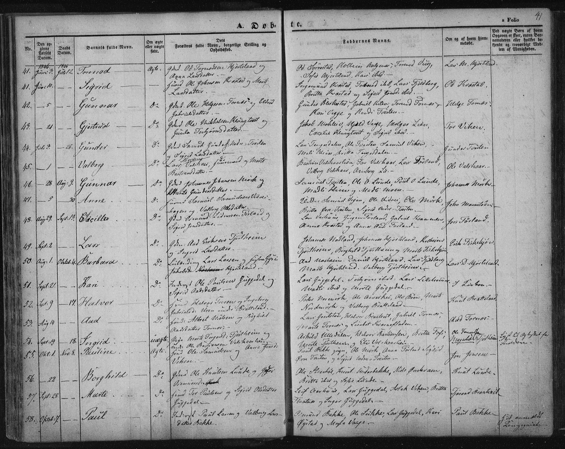 Suldal sokneprestkontor, AV/SAST-A-101845/01/IV/L0008: Parish register (official) no. A 8, 1836-1853, p. 41