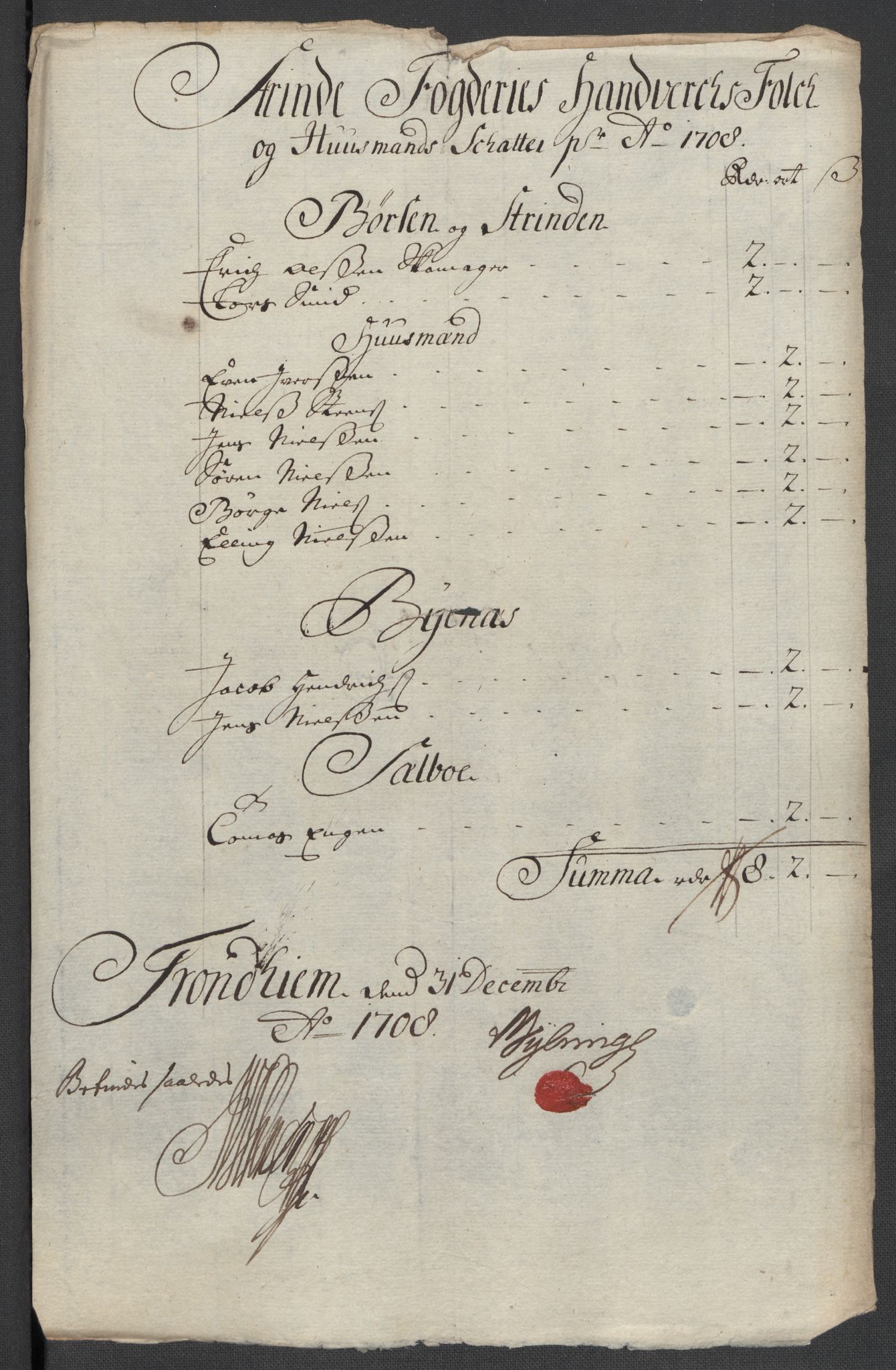 Rentekammeret inntil 1814, Reviderte regnskaper, Fogderegnskap, RA/EA-4092/R61/L4110: Fogderegnskap Strinda og Selbu, 1707-1708, p. 385