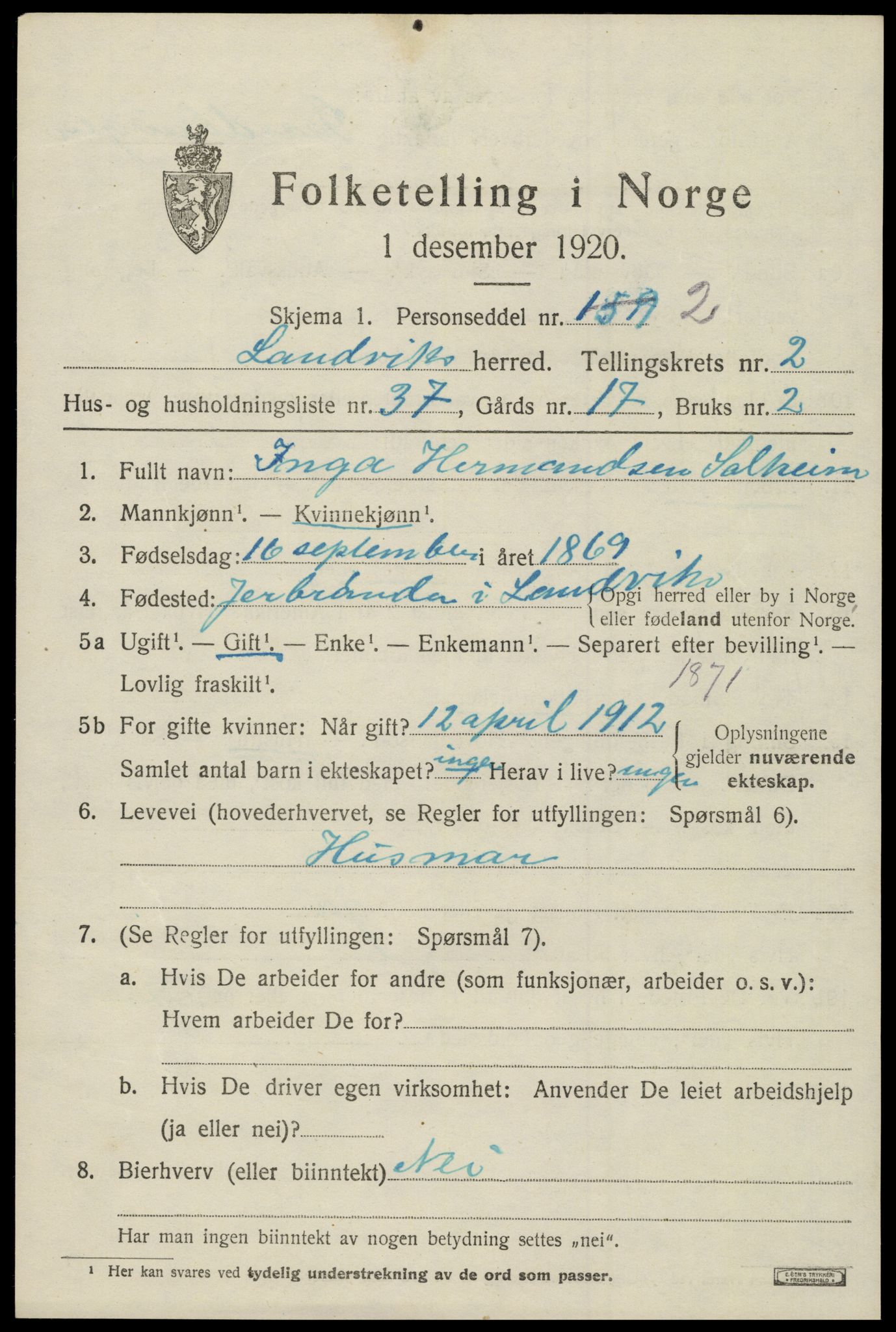 SAK, 1920 census for Landvik, 1920, p. 2082