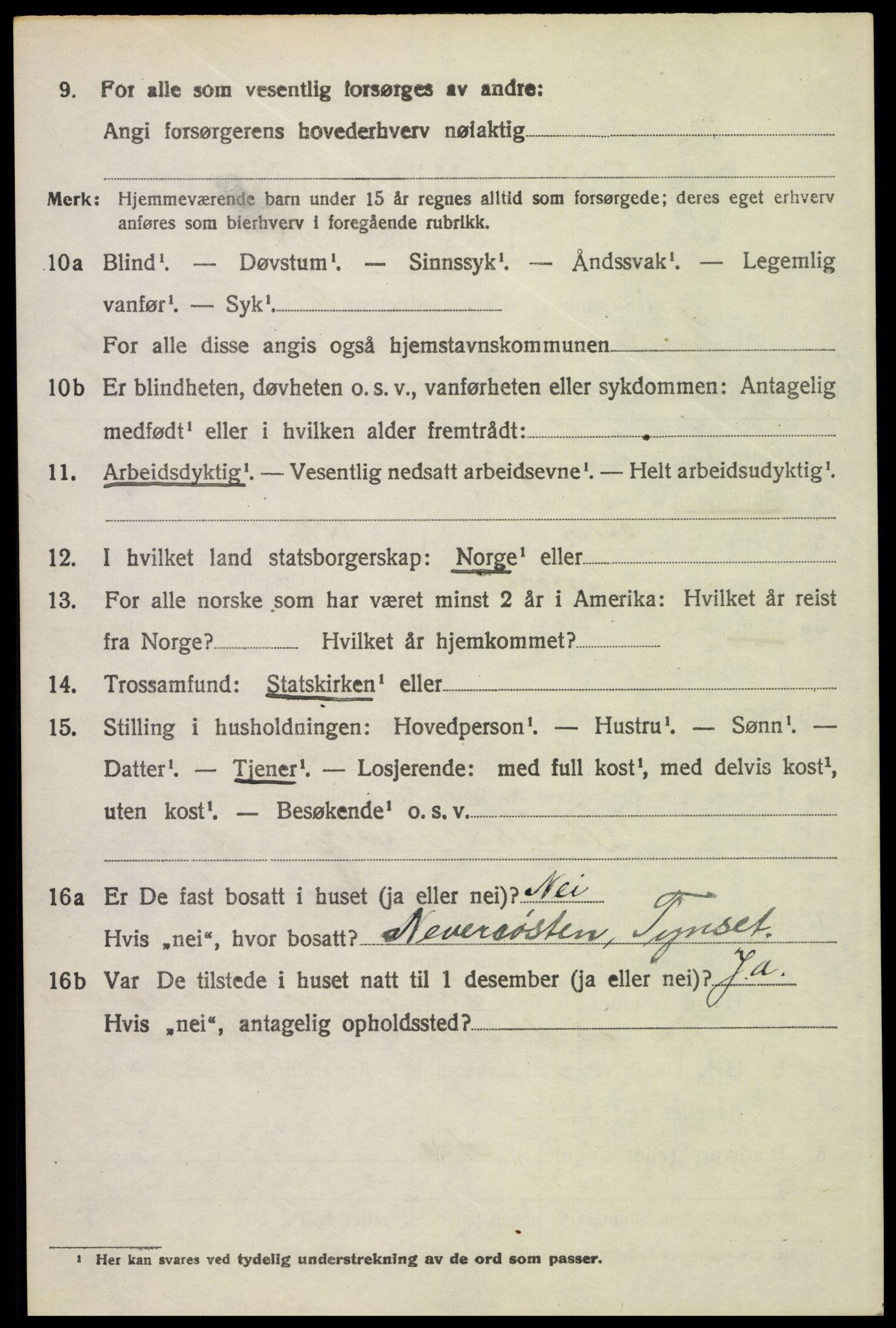 SAH, 1920 census for Tynset, 1920, p. 3169