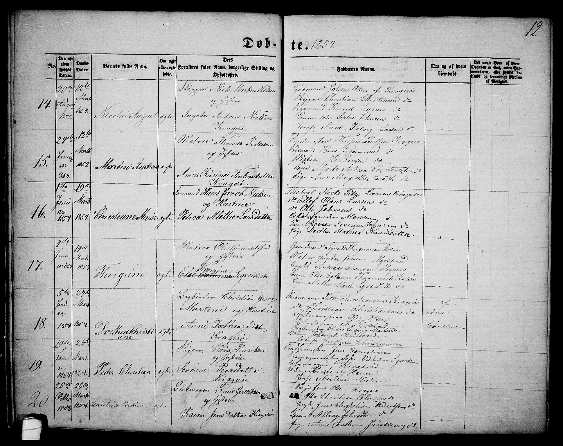 Kragerø kirkebøker, AV/SAKO-A-278/G/Ga/L0004: Parish register (copy) no. 4, 1853-1865, p. 12