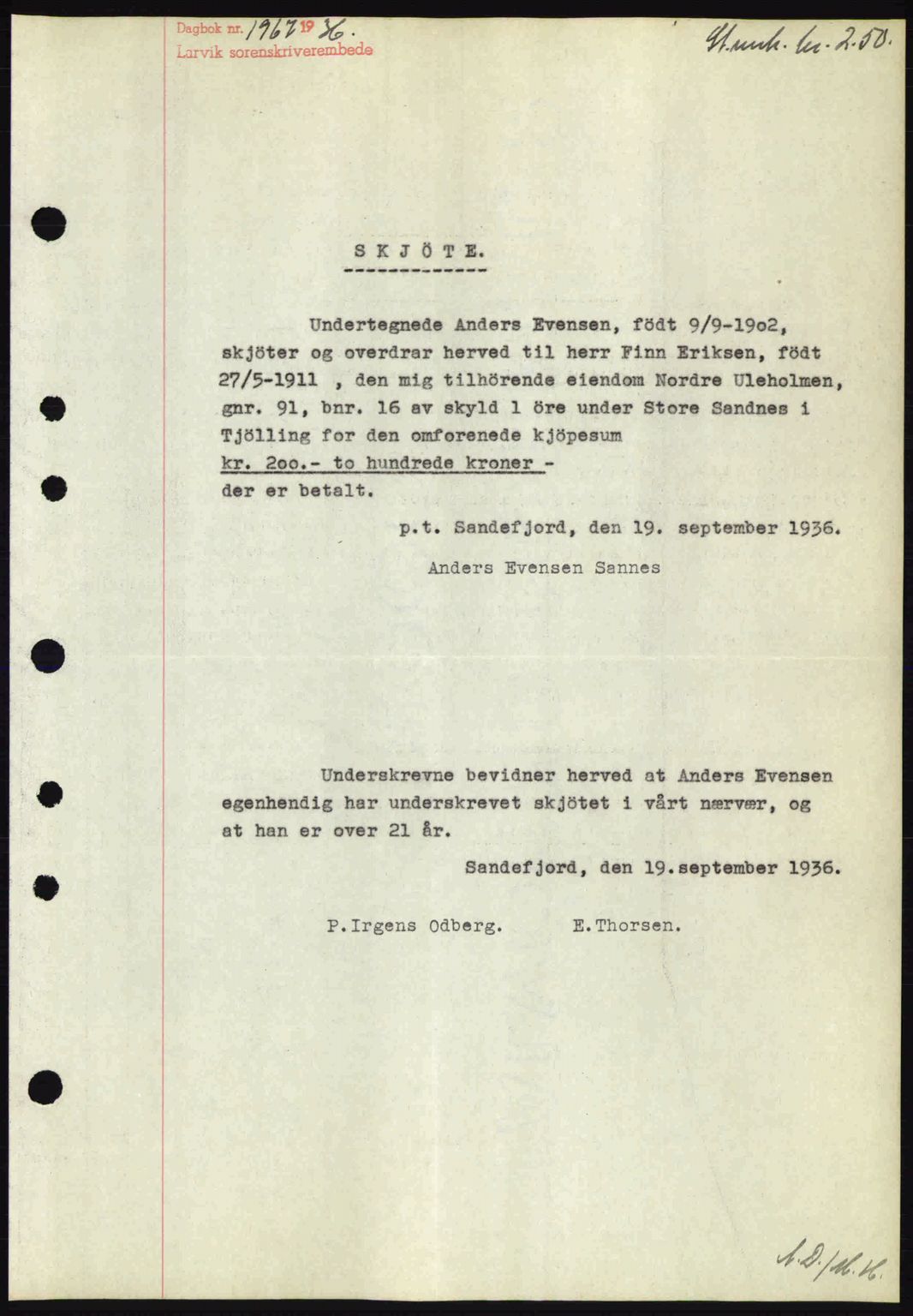 Larvik sorenskriveri, SAKO/A-83/G/Ga/Gab/L0067: Mortgage book no. A-1, 1936-1937, Diary no: : 1967/1936