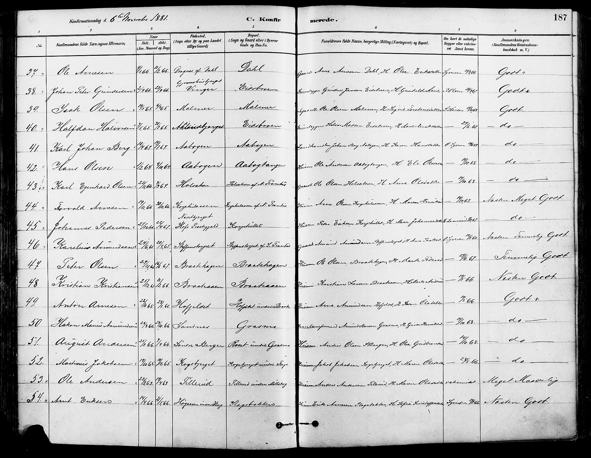 Eidskog prestekontor, AV/SAH-PREST-026/H/Ha/Haa/L0003: Parish register (official) no. 3, 1879-1892, p. 187