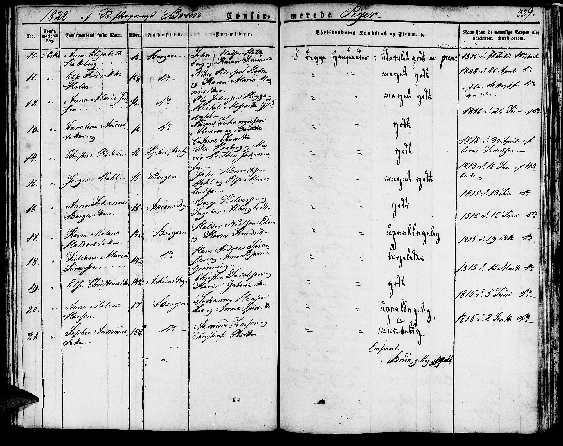 Domkirken sokneprestembete, SAB/A-74801/H/Haa/L0012: Parish register (official) no. A 12, 1821-1840, p. 339