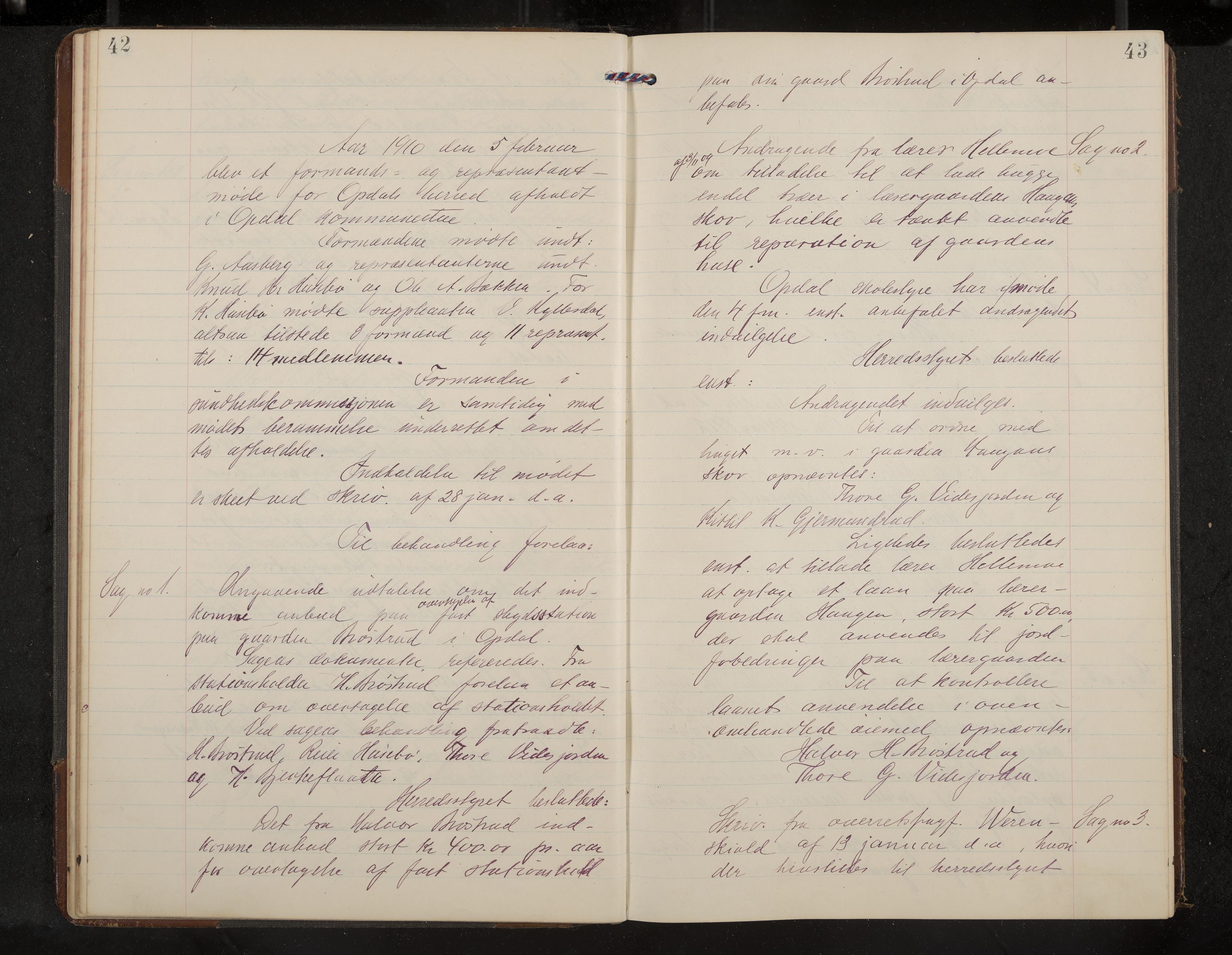 Uvdal formannskap og sentraladministrasjon, IKAK/0634021/A/Aa/L0002: Møtebok, 1909-1915, p. 42-43