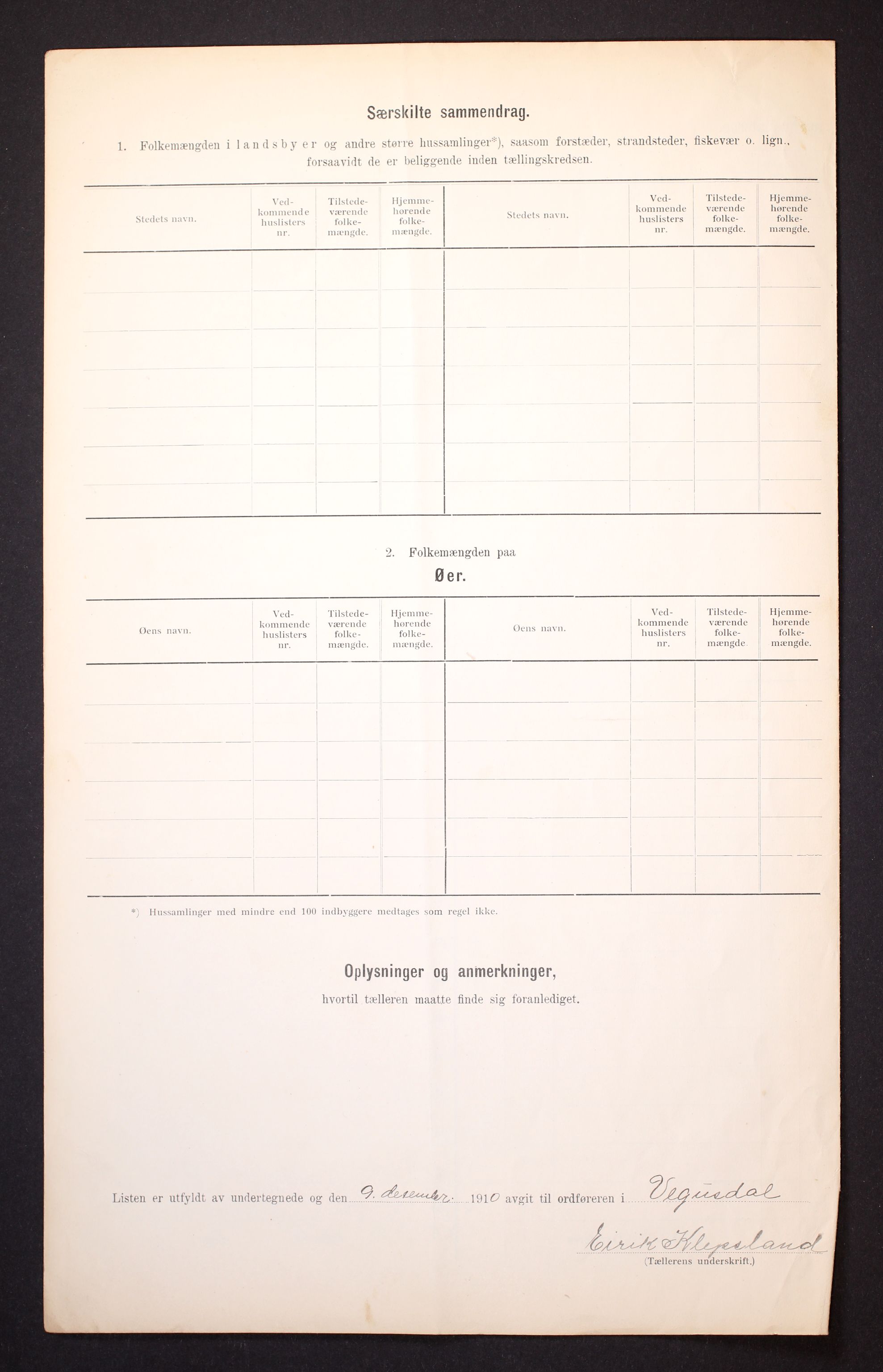 RA, 1910 census for Vegusdal, 1910, p. 6
