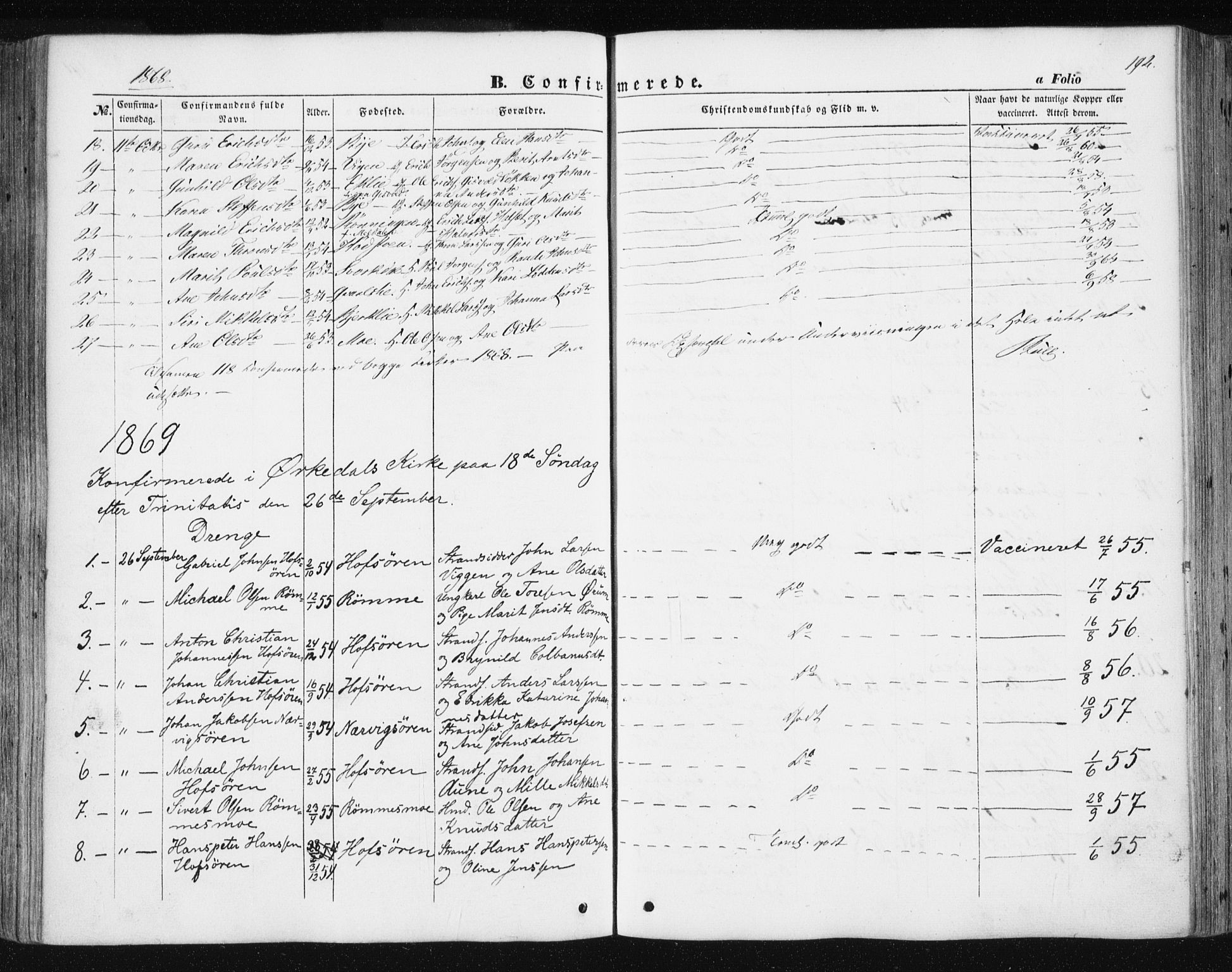 Ministerialprotokoller, klokkerbøker og fødselsregistre - Sør-Trøndelag, AV/SAT-A-1456/668/L0806: Parish register (official) no. 668A06, 1854-1869, p. 192