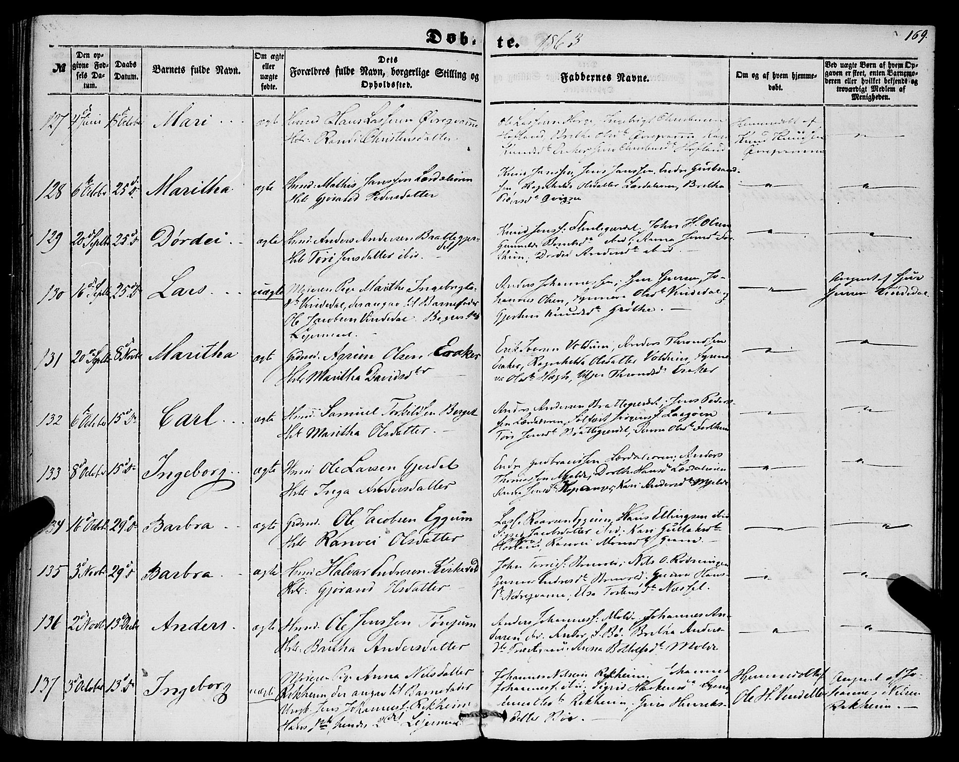 Lærdal sokneprestembete, SAB/A-81201: Parish register (official) no. A 11, 1850-1866, p. 169