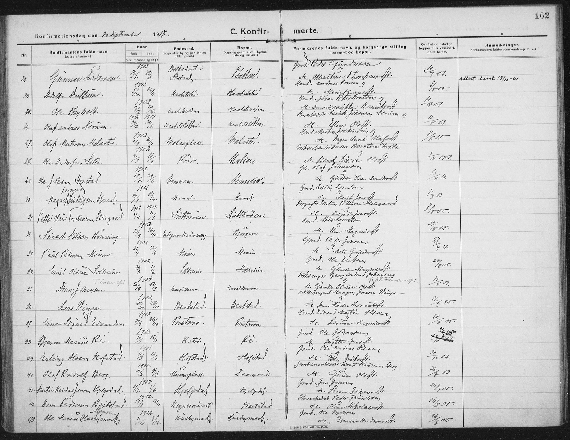 Ministerialprotokoller, klokkerbøker og fødselsregistre - Nord-Trøndelag, AV/SAT-A-1458/709/L0083: Parish register (official) no. 709A23, 1916-1928, p. 162