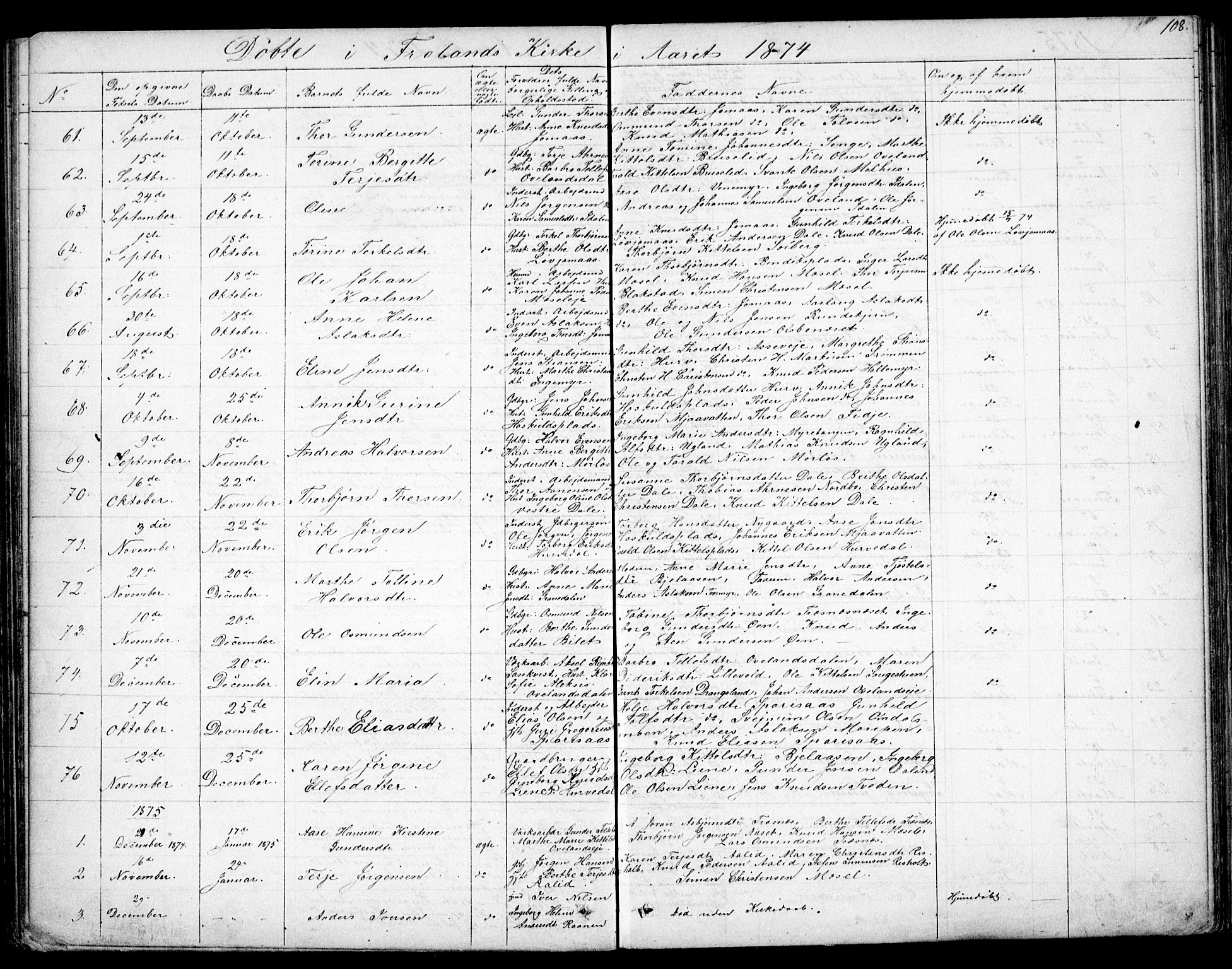 Froland sokneprestkontor, AV/SAK-1111-0013/F/Fb/L0008: Parish register (copy) no. B 8, 1843-1875, p. 108