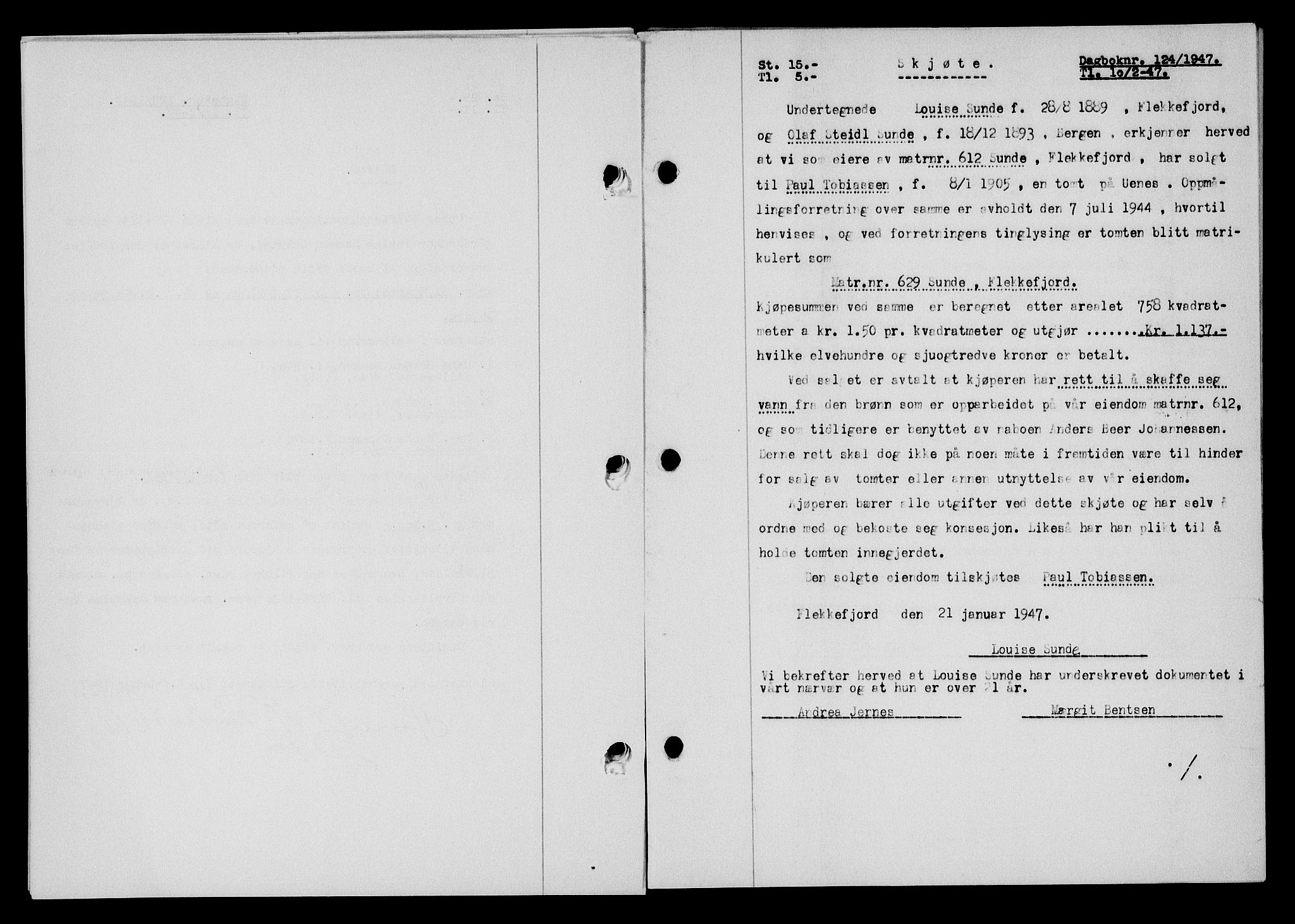 Flekkefjord sorenskriveri, SAK/1221-0001/G/Gb/Gba/L0061: Mortgage book no. A-9, 1946-1947, Diary no: : 124/1947