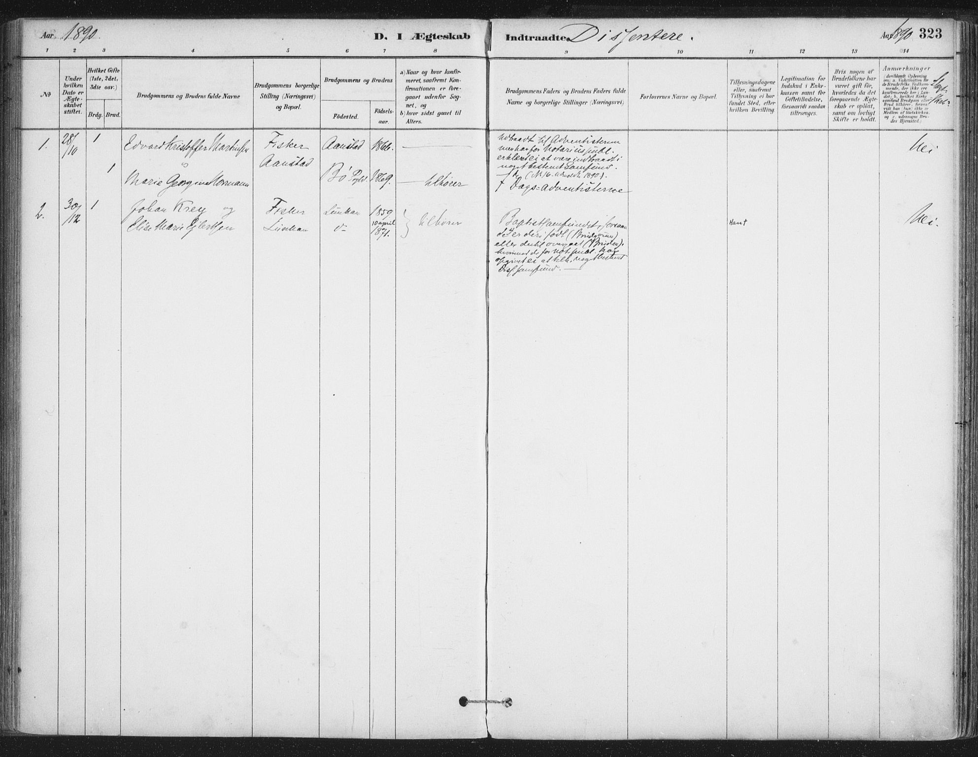 Ministerialprotokoller, klokkerbøker og fødselsregistre - Nordland, SAT/A-1459/888/L1244: Parish register (official) no. 888A10, 1880-1890, p. 323