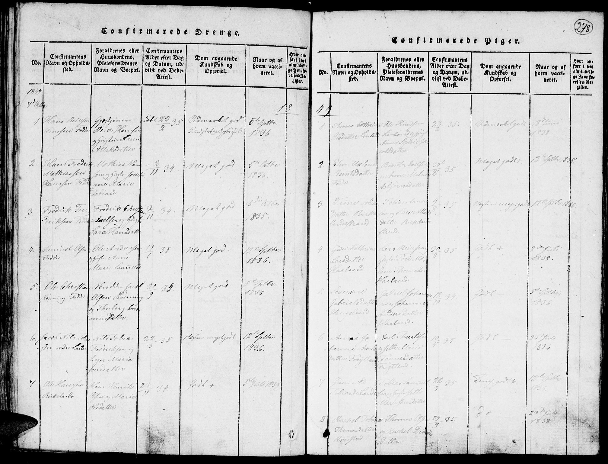 Kvinesdal sokneprestkontor, SAK/1111-0026/F/Fa/Faa/L0001: Parish register (official) no. A 1, 1815-1849, p. 278