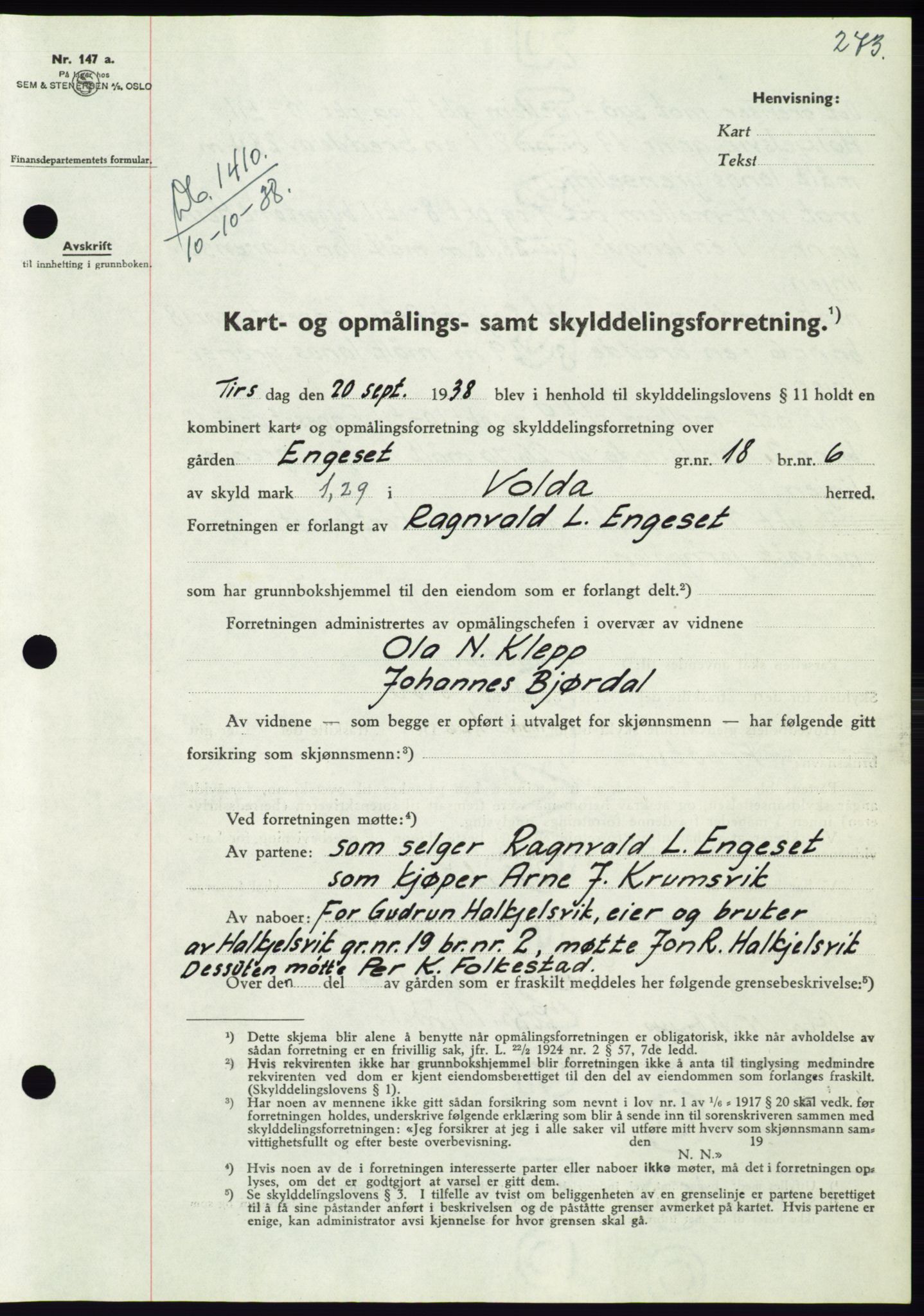 Søre Sunnmøre sorenskriveri, AV/SAT-A-4122/1/2/2C/L0066: Mortgage book no. 60, 1938-1938, Diary no: : 1410/1938