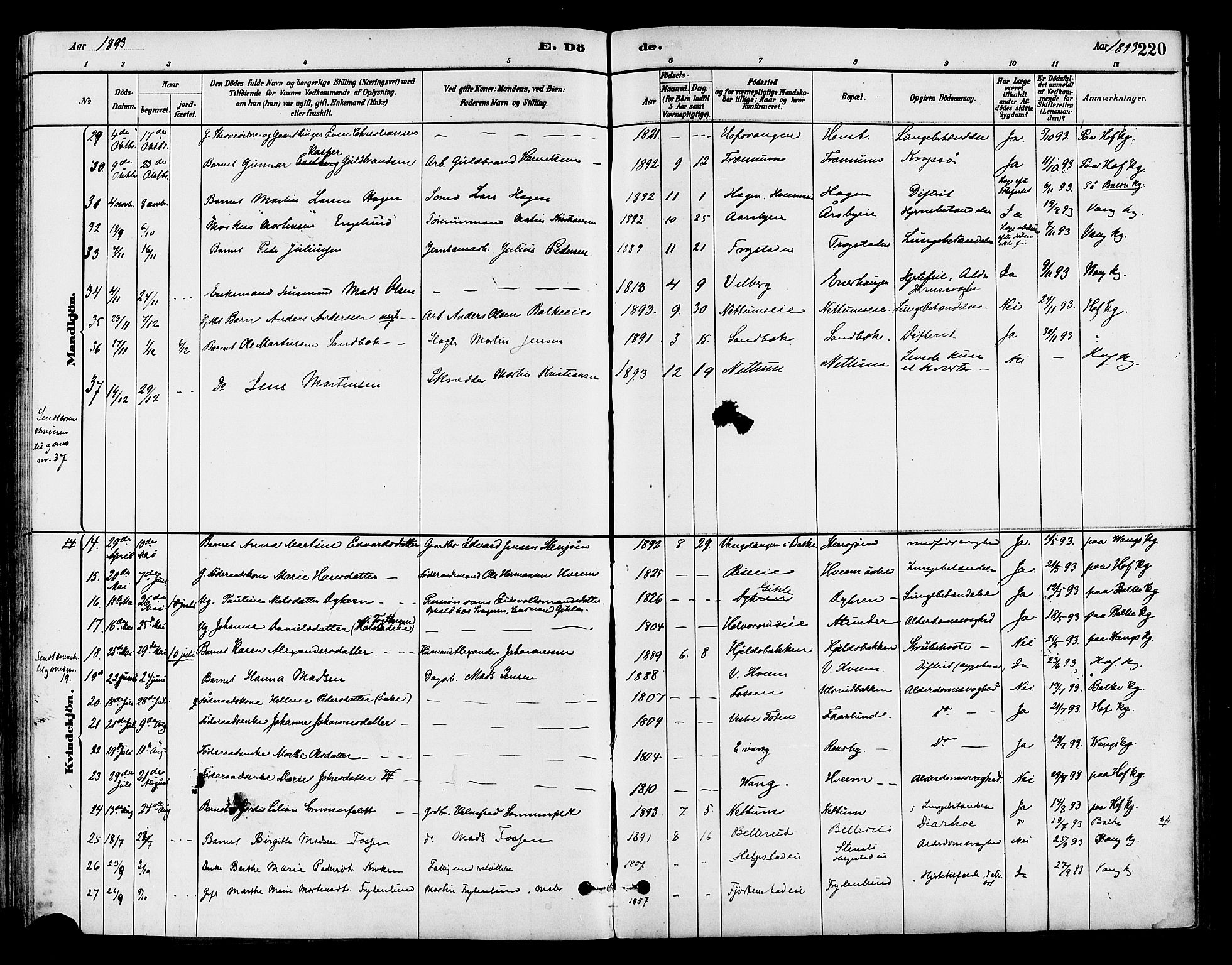 Østre Toten prestekontor, SAH/PREST-104/H/Ha/Haa/L0007: Parish register (official) no. 7, 1881-1896, p. 220