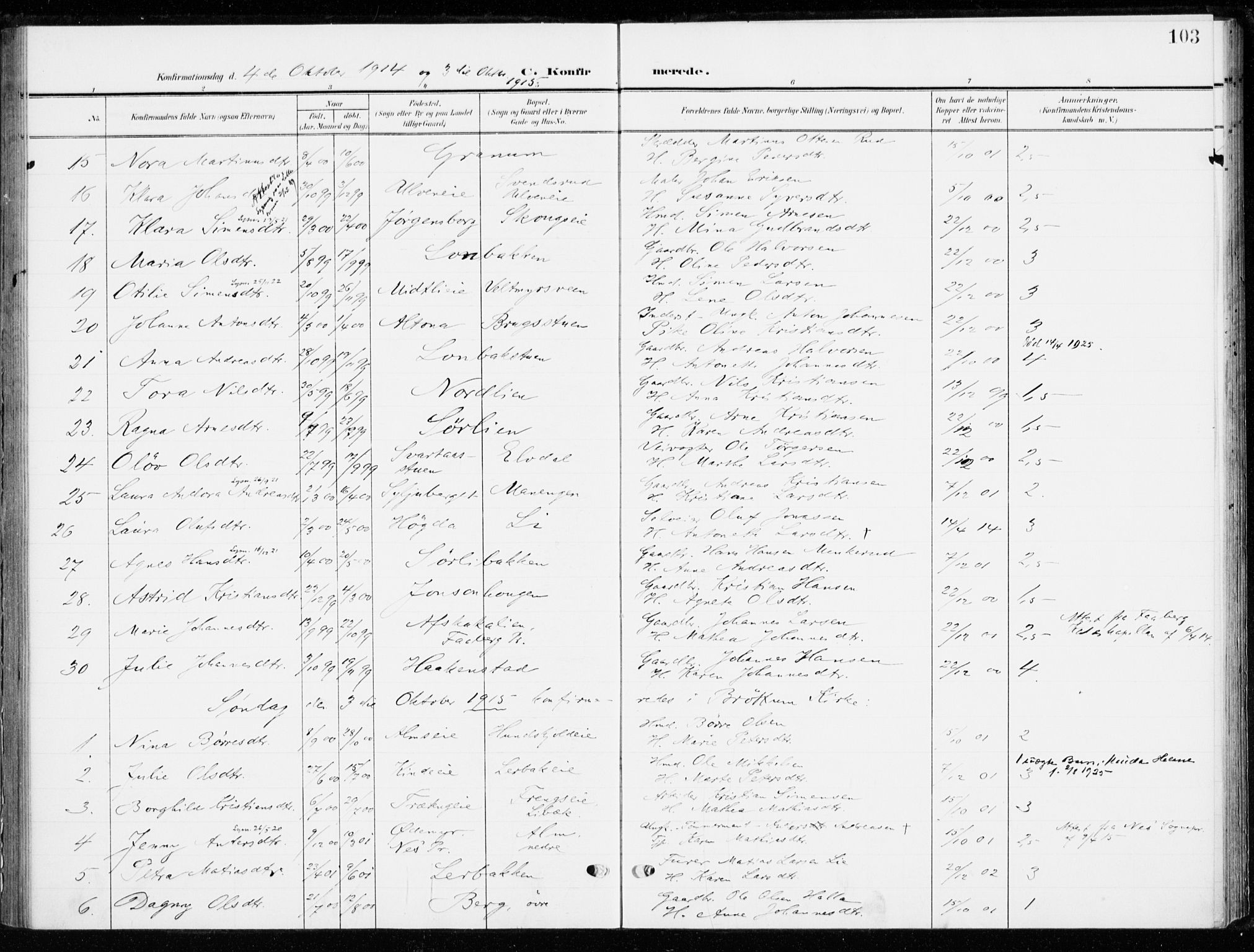 Ringsaker prestekontor, SAH/PREST-014/K/Ka/L0021: Parish register (official) no. 21, 1905-1920, p. 103