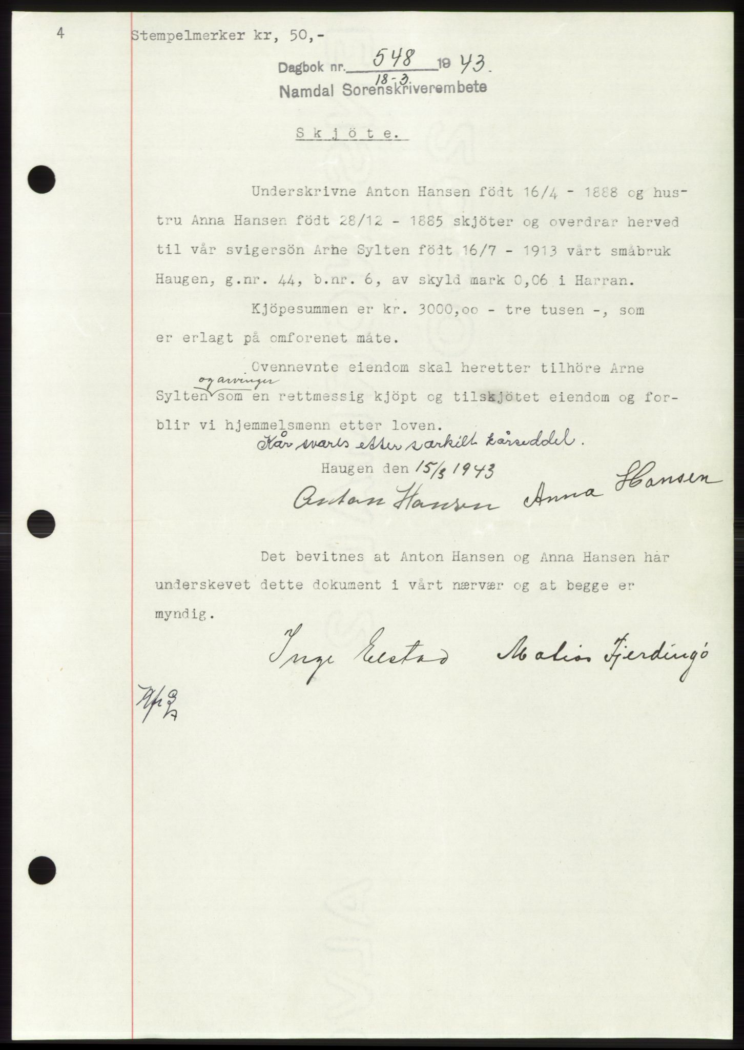 Namdal sorenskriveri, SAT/A-4133/1/2/2C: Mortgage book no. -, 1942-1943, Diary no: : 548/1943