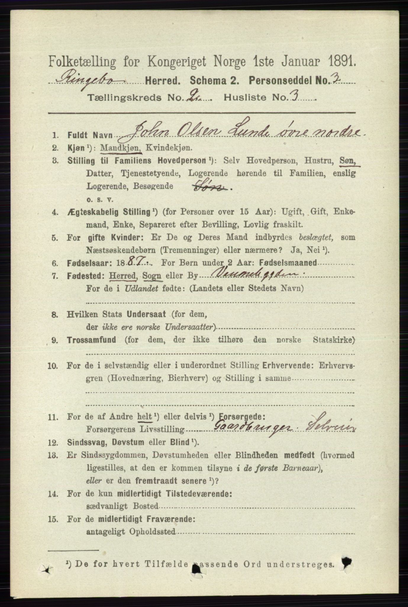 RA, 1891 census for 0520 Ringebu, 1891, p. 404