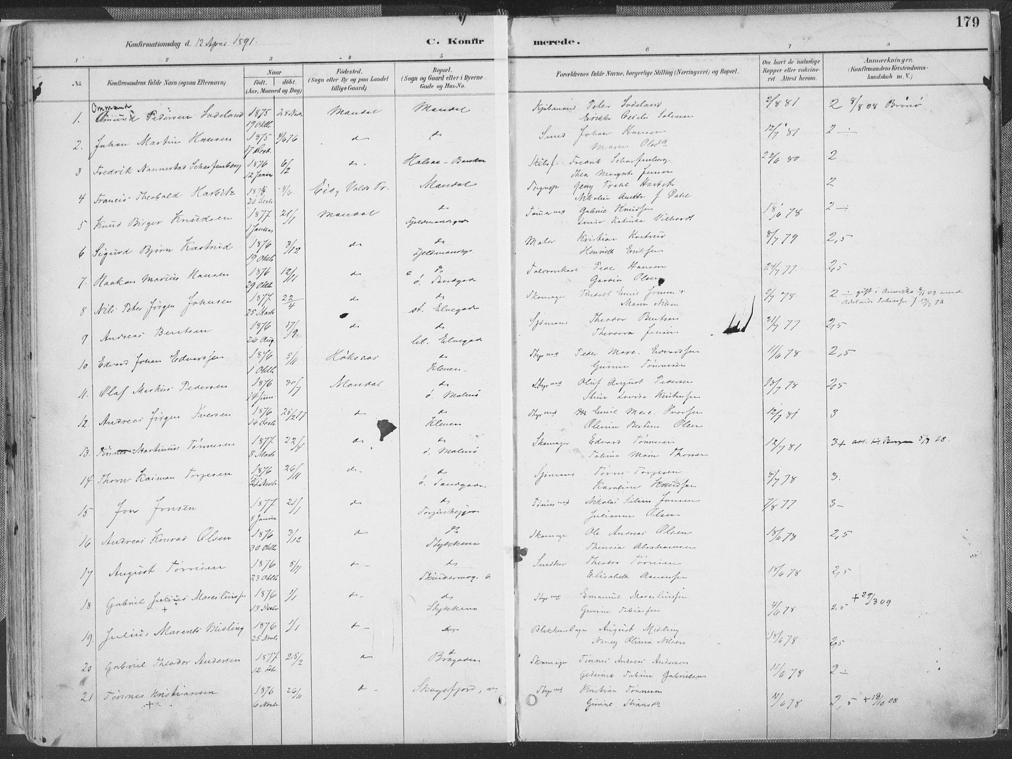 Mandal sokneprestkontor, AV/SAK-1111-0030/F/Fa/Faa/L0018: Parish register (official) no. A 18, 1890-1905, p. 179