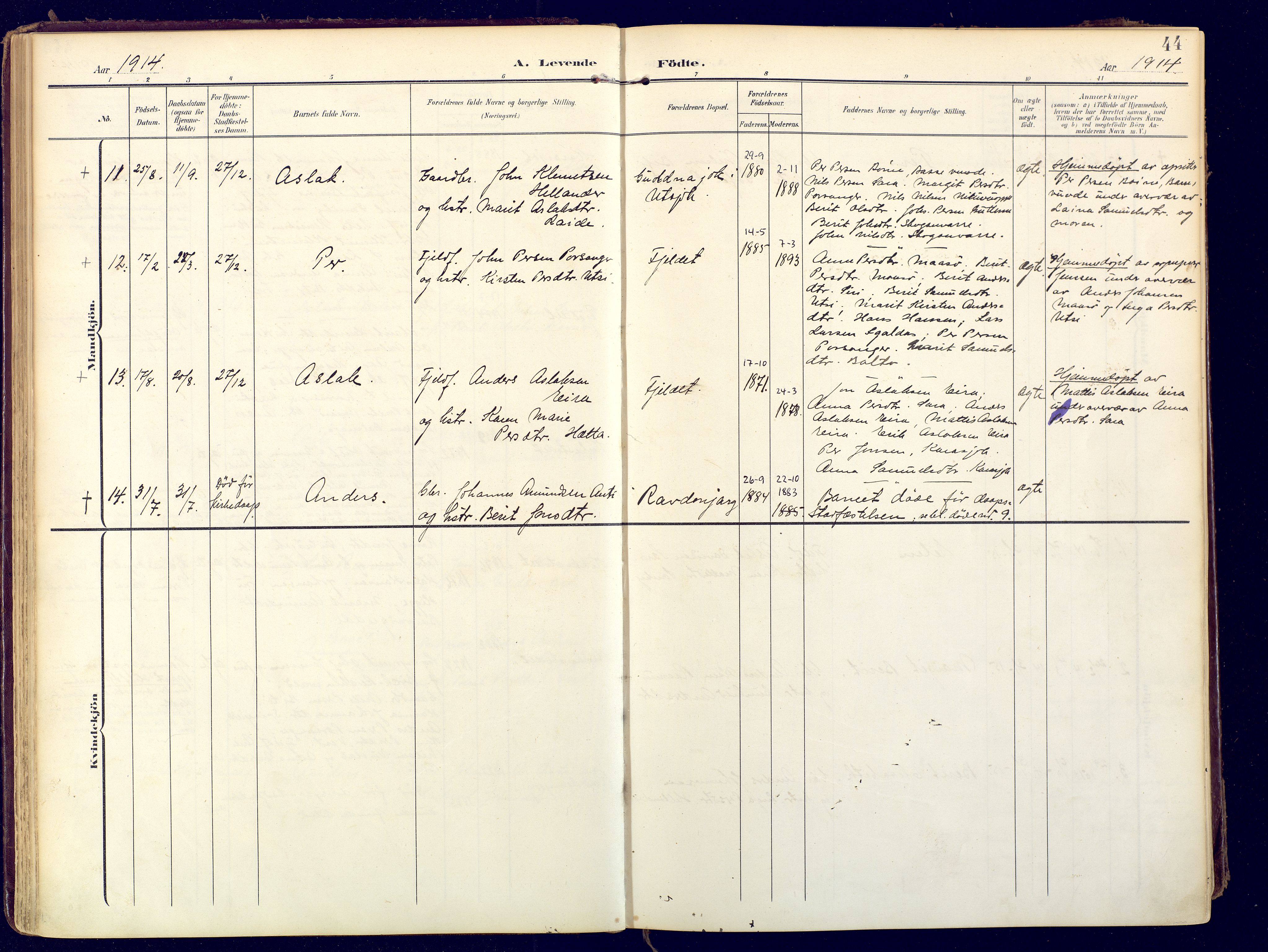 Karasjok sokneprestkontor, AV/SATØ-S-1352/H/Ha: Parish register (official) no. 3, 1907-1926, p. 44