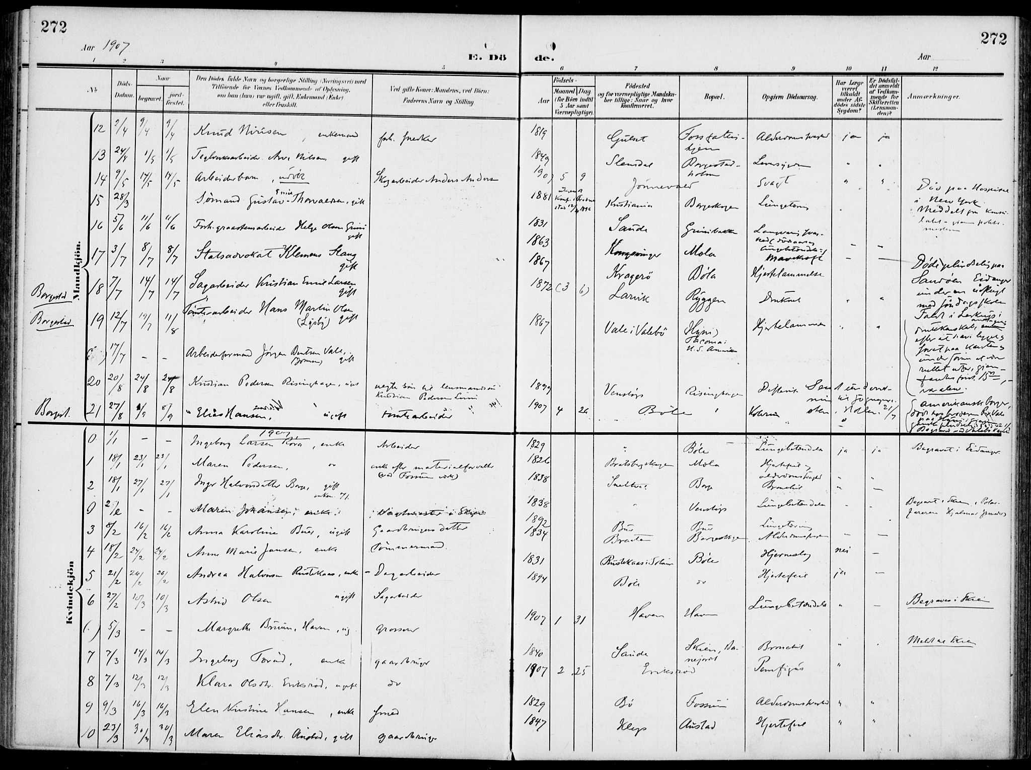 Gjerpen kirkebøker, SAKO/A-265/F/Fa/L0012: Parish register (official) no. I 12, 1905-1913, p. 272