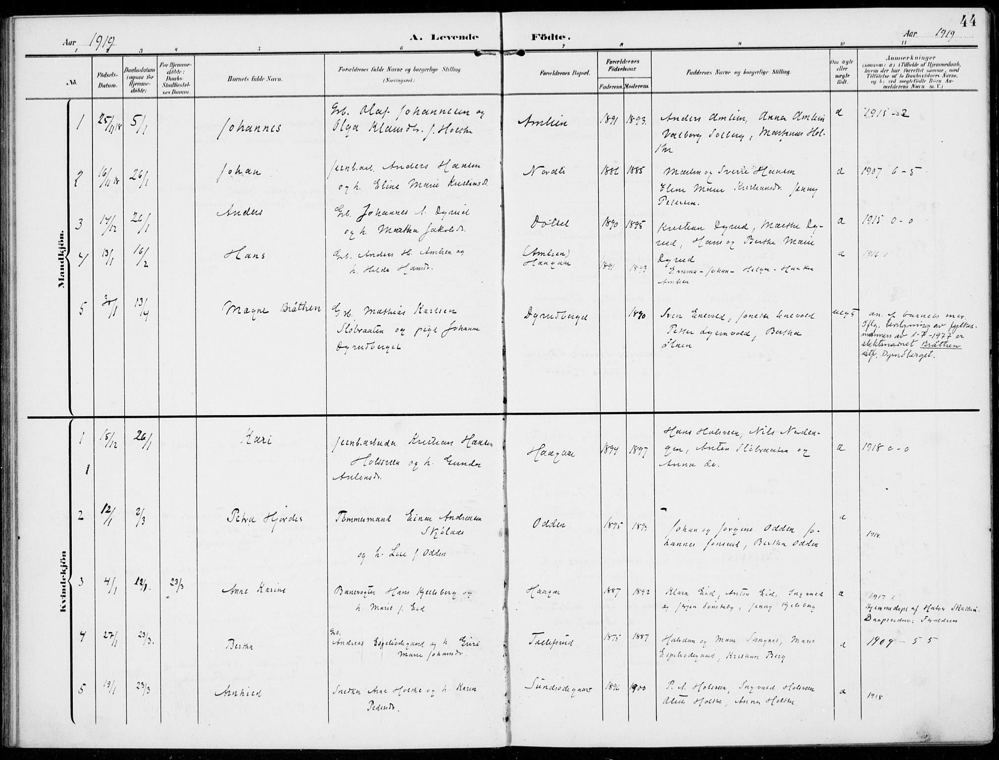 Kolbu prestekontor, SAH/PREST-110/H/Ha/Haa/L0001: Parish register (official) no. 1, 1907-1923, p. 44