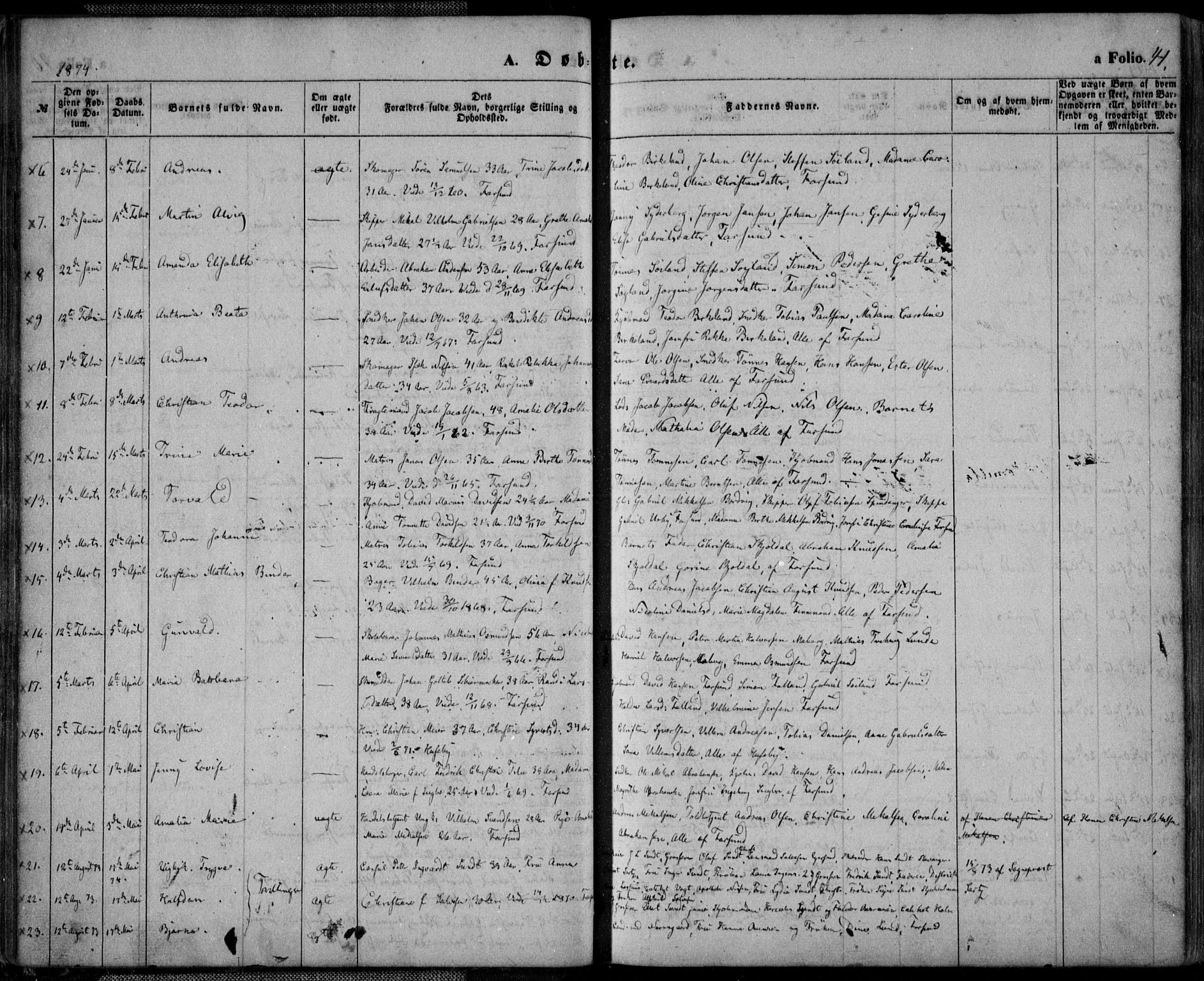 Farsund sokneprestkontor, SAK/1111-0009/F/Fa/L0005: Parish register (official) no. A 5, 1863-1886, p. 41