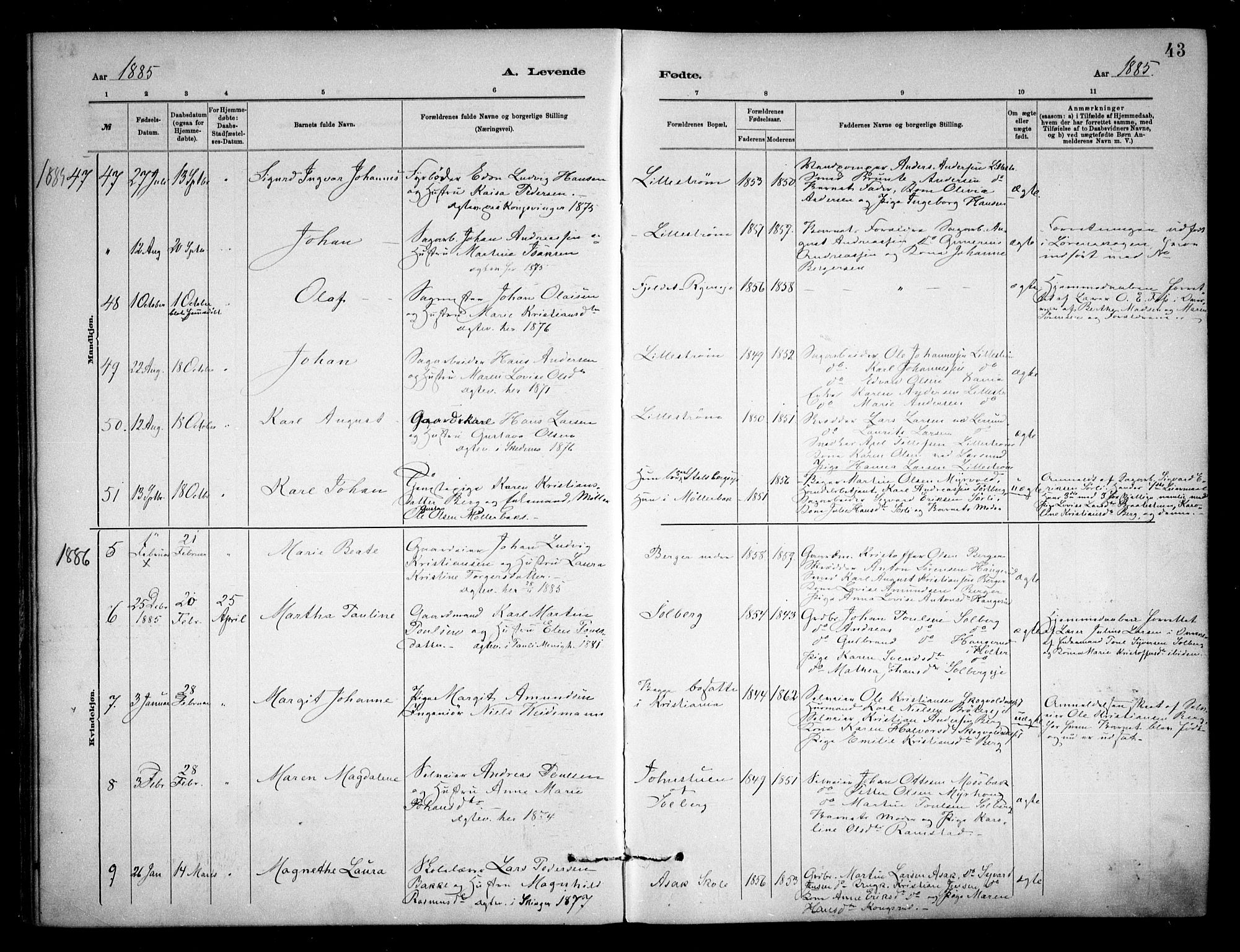 Skedsmo prestekontor Kirkebøker, AV/SAO-A-10033a/F/Fa/L0013: Parish register (official) no. I 13, 1883-1891, p. 43