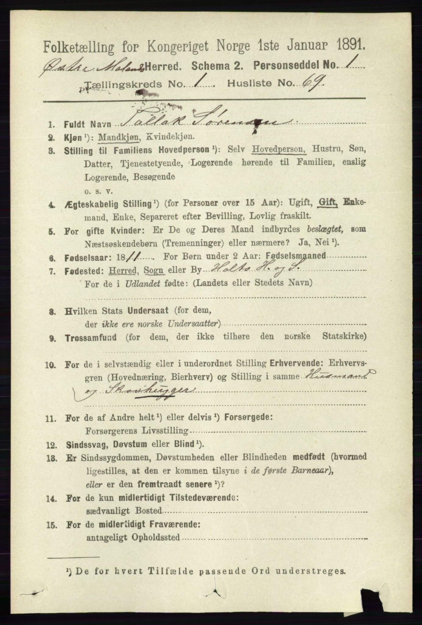 RA, 1891 census for 0918 Austre Moland, 1891, p. 543