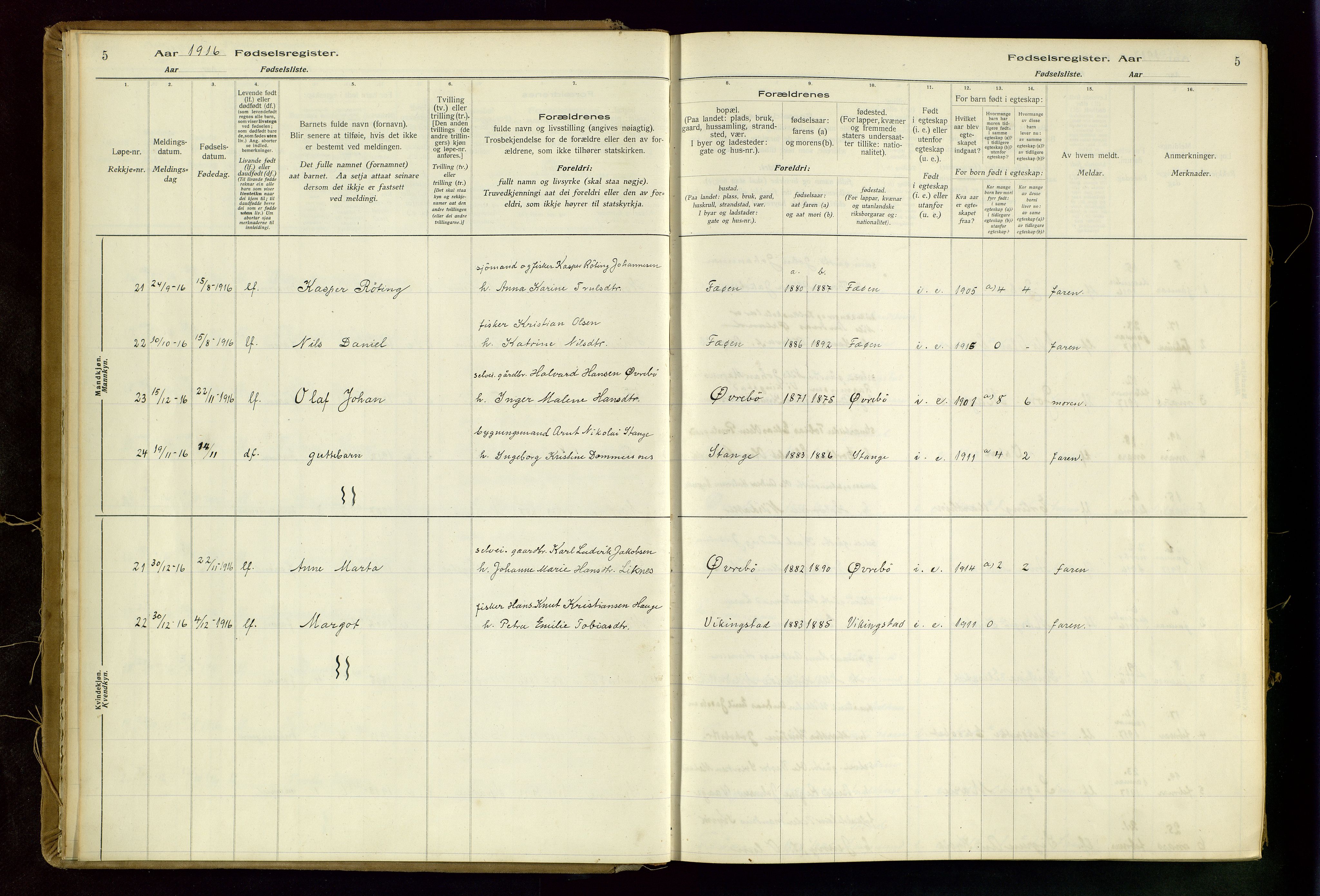 Torvastad sokneprestkontor, SAST/A -101857/I/Id/L0002: Birth register no. 2, 1916-1950, p. 5
