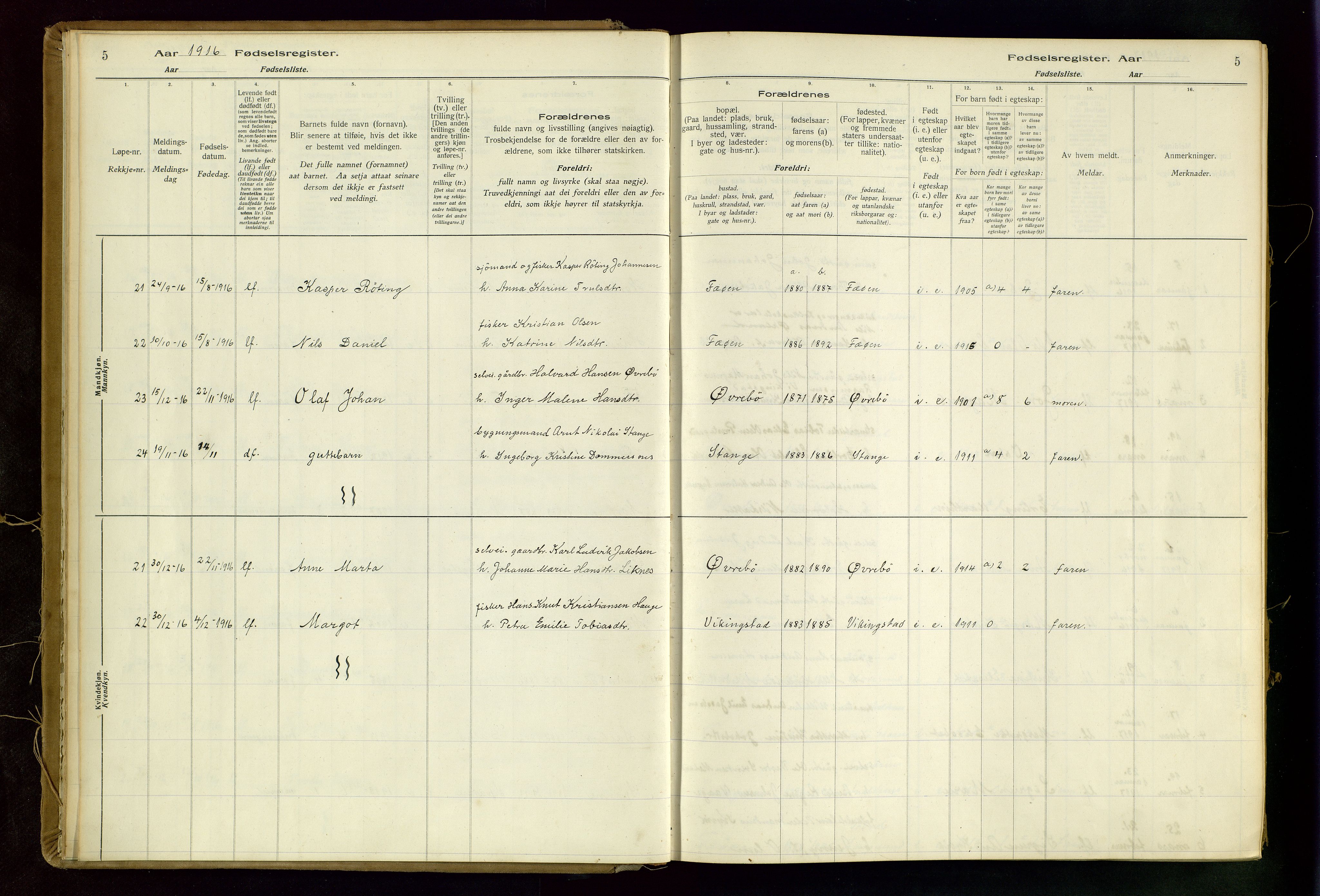 Torvastad sokneprestkontor, AV/SAST-A -101857/I/Id/L0002: Birth register no. 2, 1916-1950, p. 5