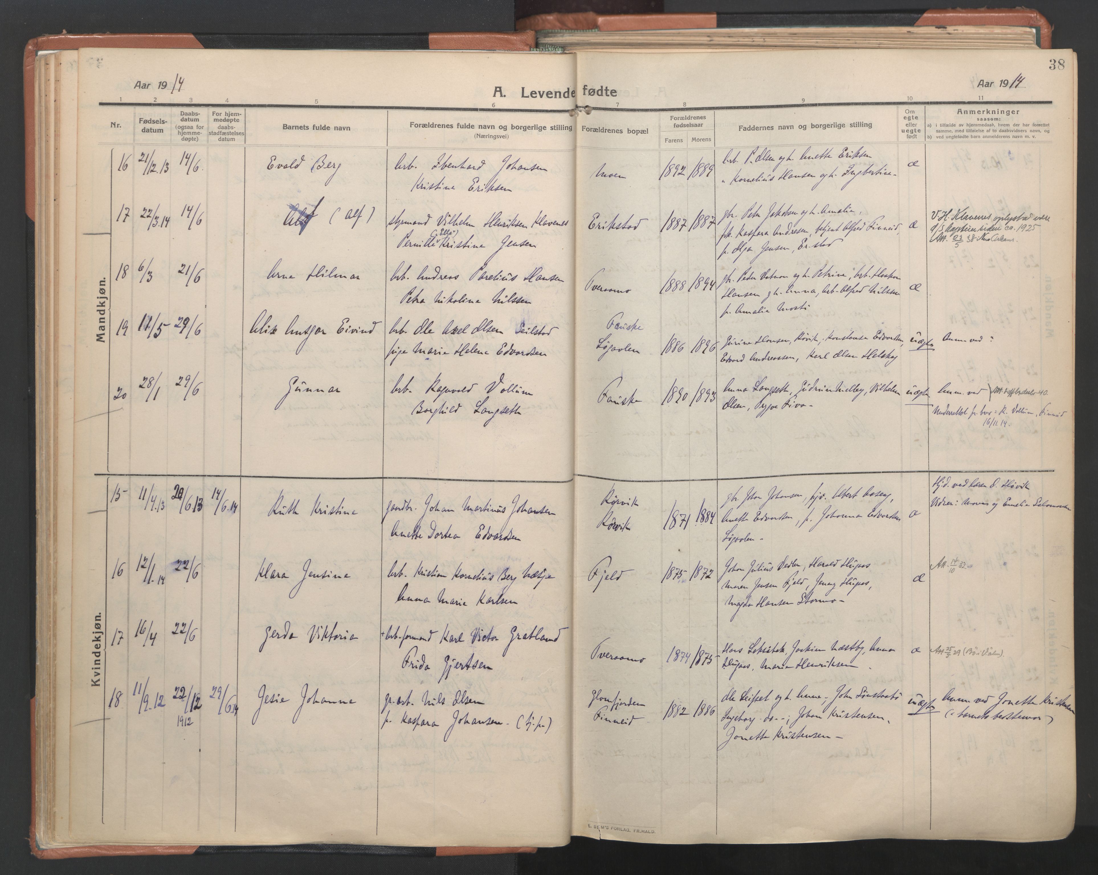 Ministerialprotokoller, klokkerbøker og fødselsregistre - Nordland, SAT/A-1459/849/L0698: Parish register (official) no. 849A09, 1911-1924, p. 38