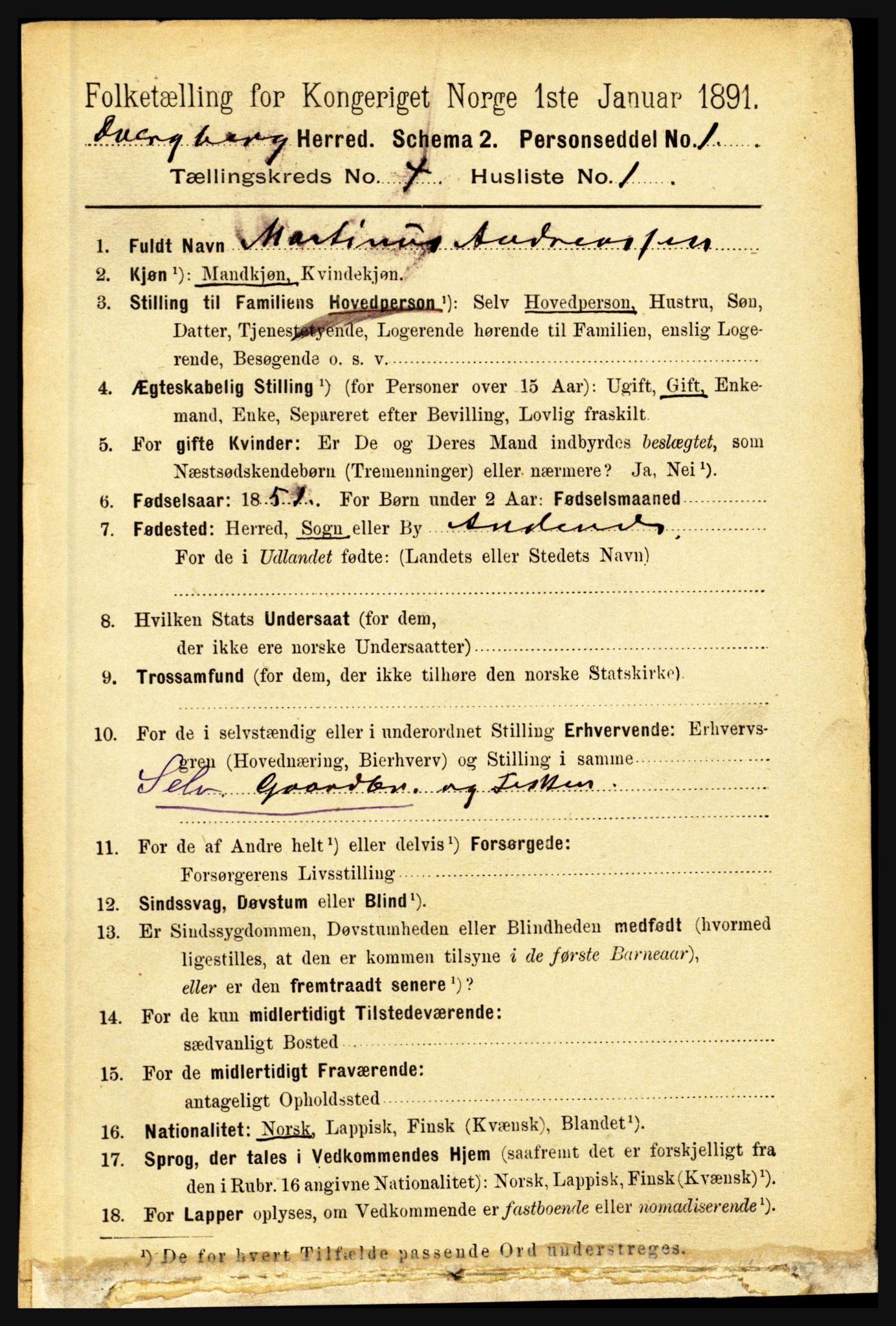 RA, 1891 census for 1872 Dverberg, 1891, p. 1275