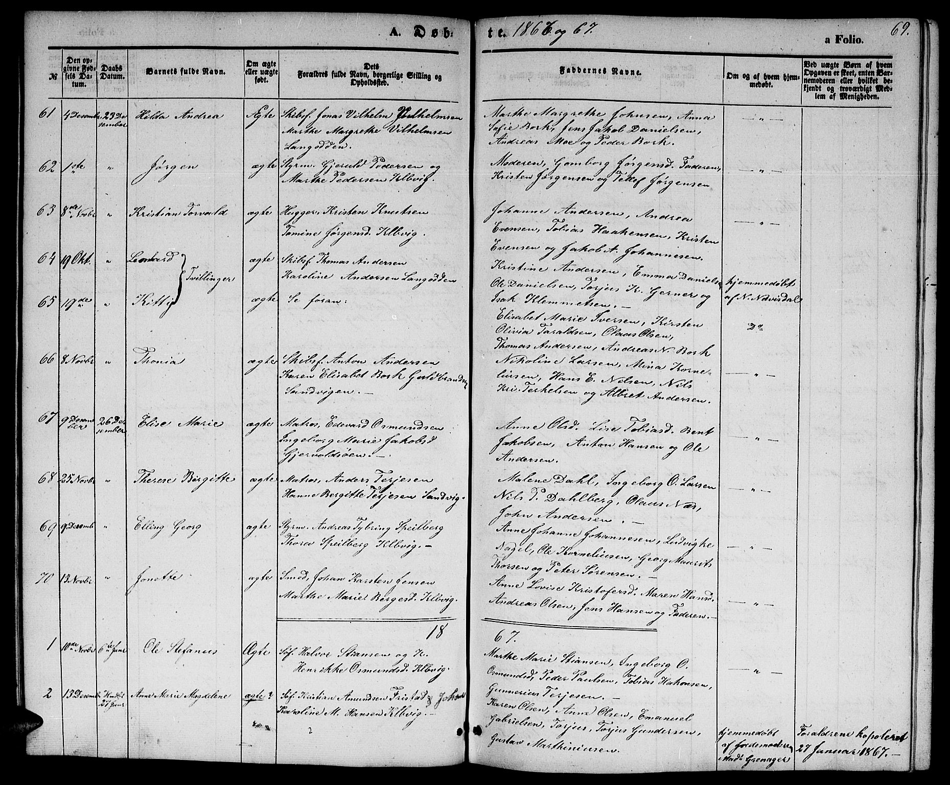 Hisøy sokneprestkontor, SAK/1111-0020/F/Fb/L0001: Parish register (copy) no. B 1, 1849-1872, p. 69