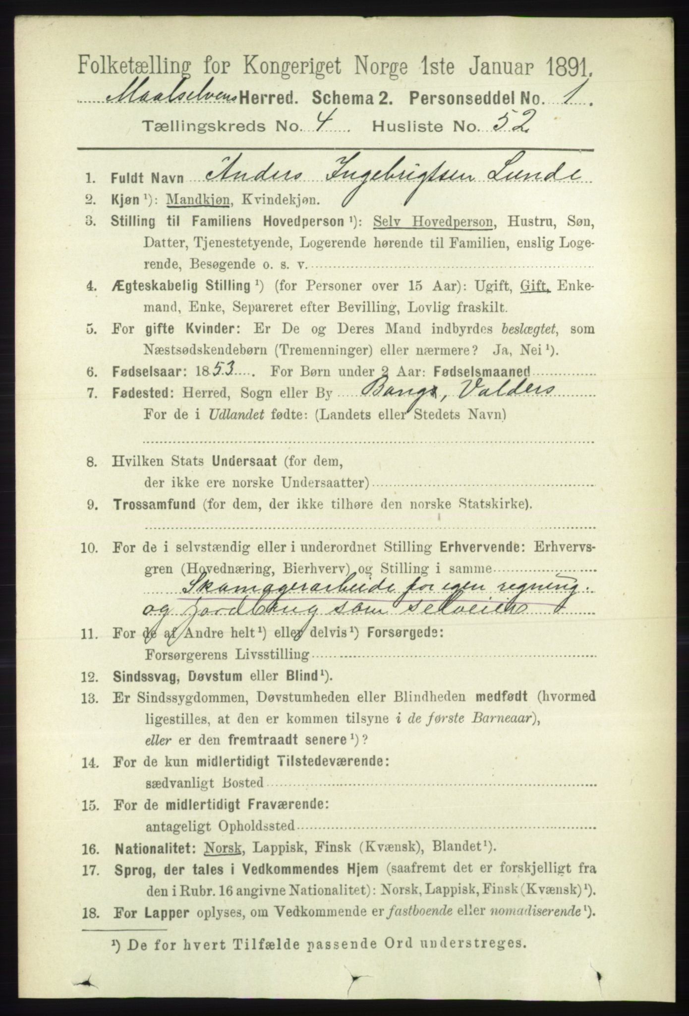 RA, 1891 census for 1924 Målselv, 1891, p. 1463