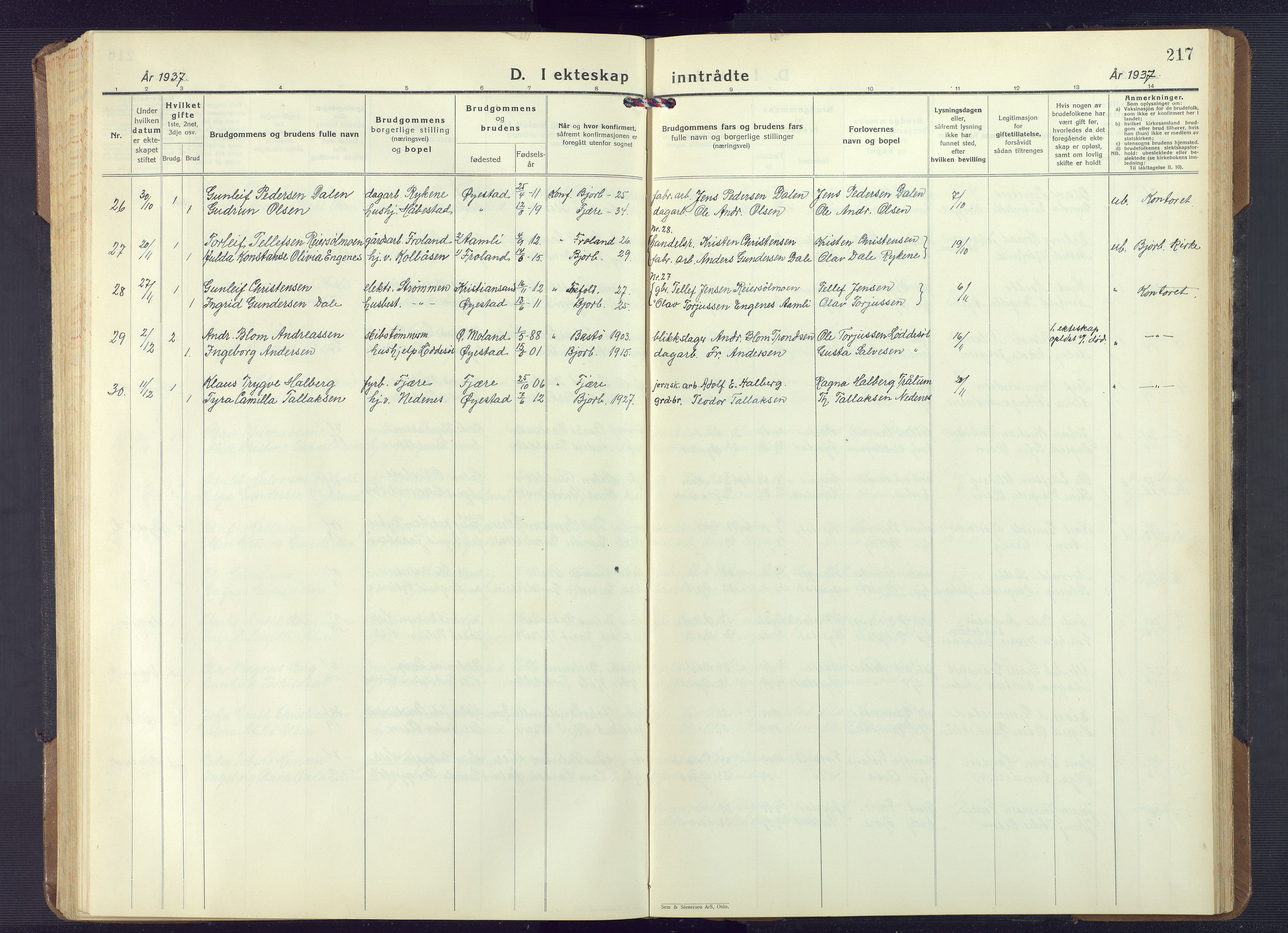 Øyestad sokneprestkontor, AV/SAK-1111-0049/F/Fb/L0013: Parish register (copy) no. B 13, 1933-1945, p. 217